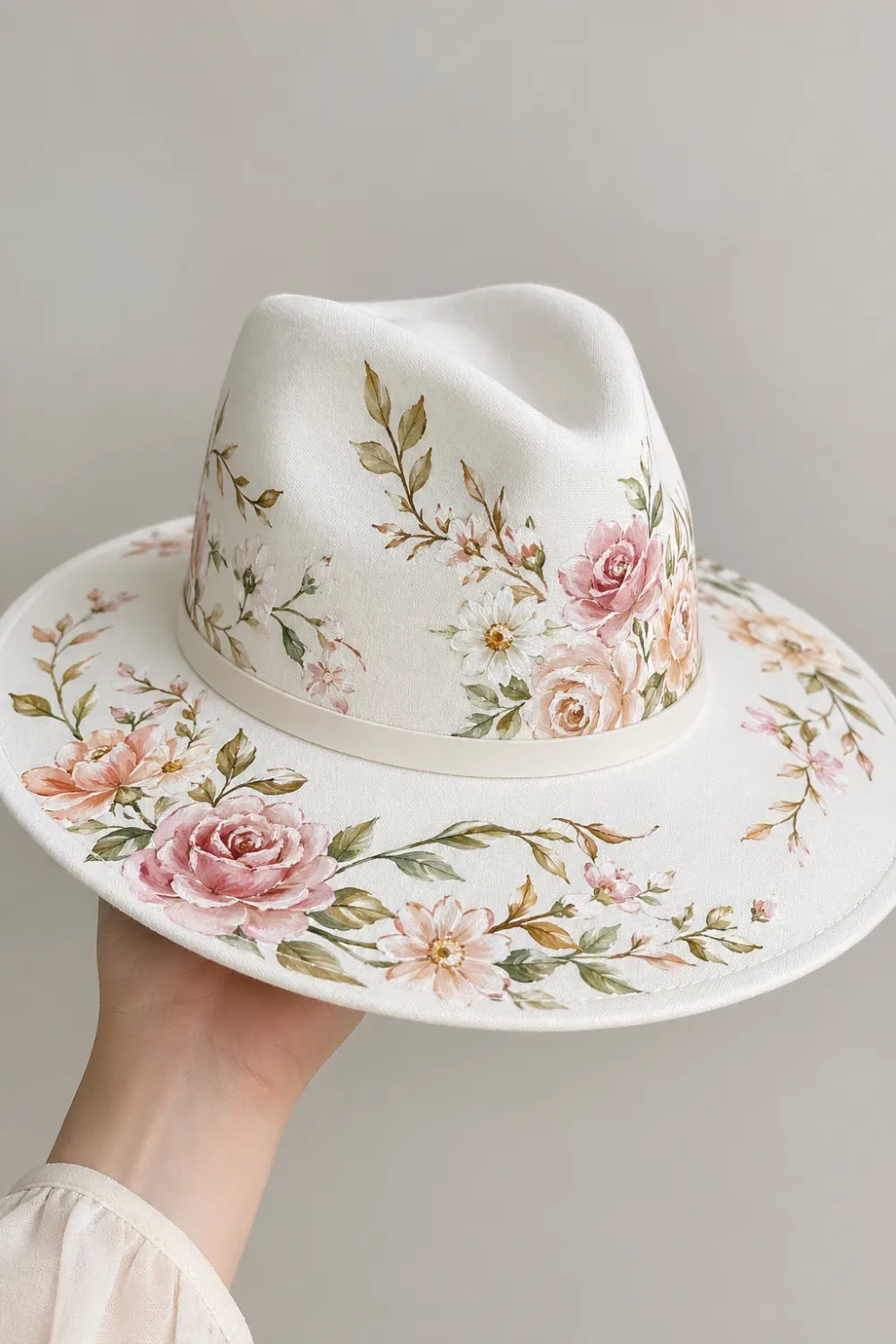 White wide brim hand painted hat with soft pastel roses, daisies, and leafy vines, aesthetic floral DIY design, elegant and trendy summer style hat