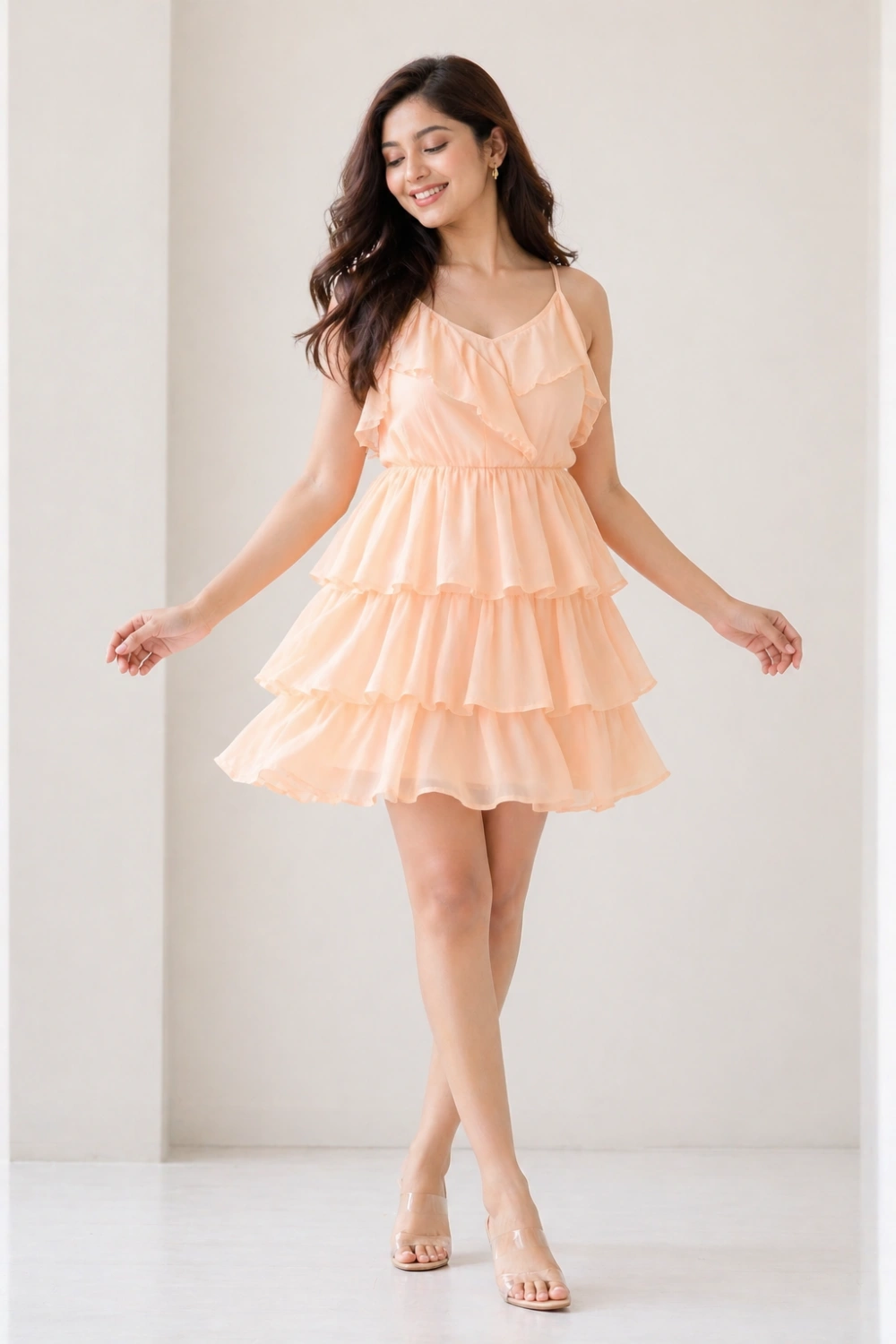 peach ruffle tiered mini homecoming dress layered flowy cute trendy hoco outfit soft feminine party dress idea