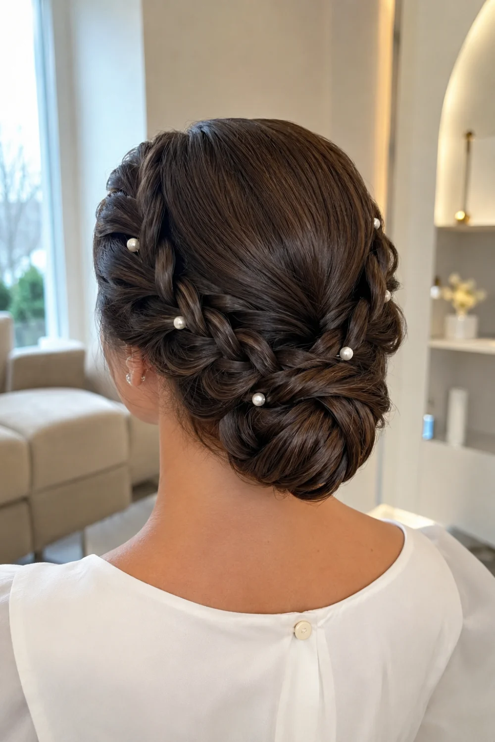 Pearl detail twisted low updo hairstyle with soft woven braids, smooth polished bun, glossy brunette hair, and delicate pearl accents for weddings.