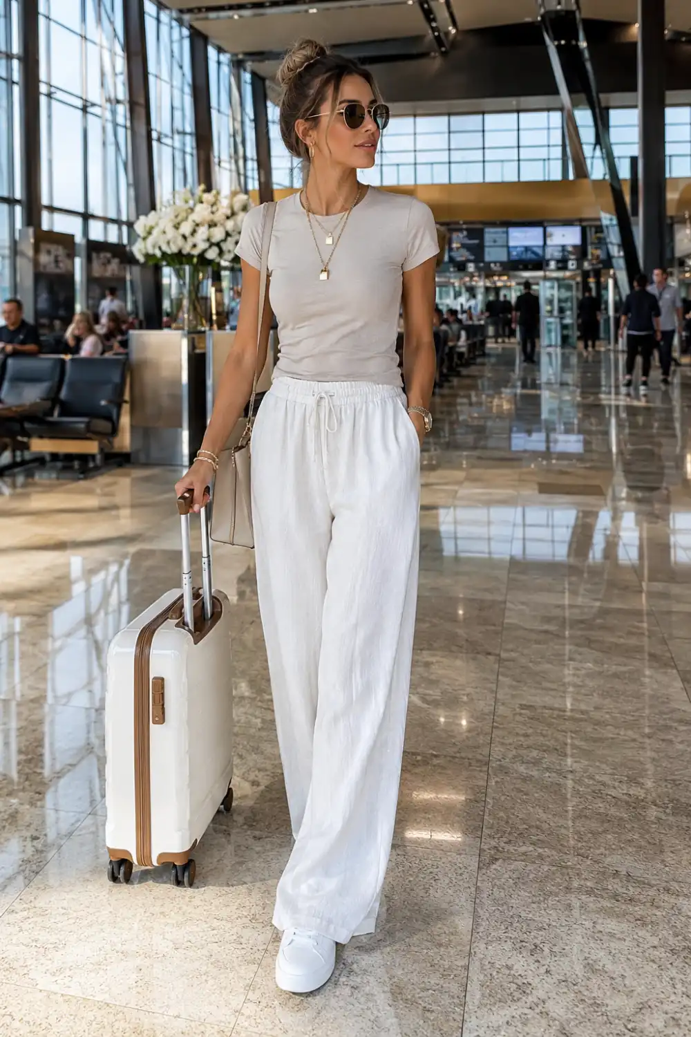 Woman wearing wide-leg white linen pants with a fitted neutral tee, white sneakers, layered gold jewelry, and sleek luggage while standing inside a luxury airport terminal during summer travel