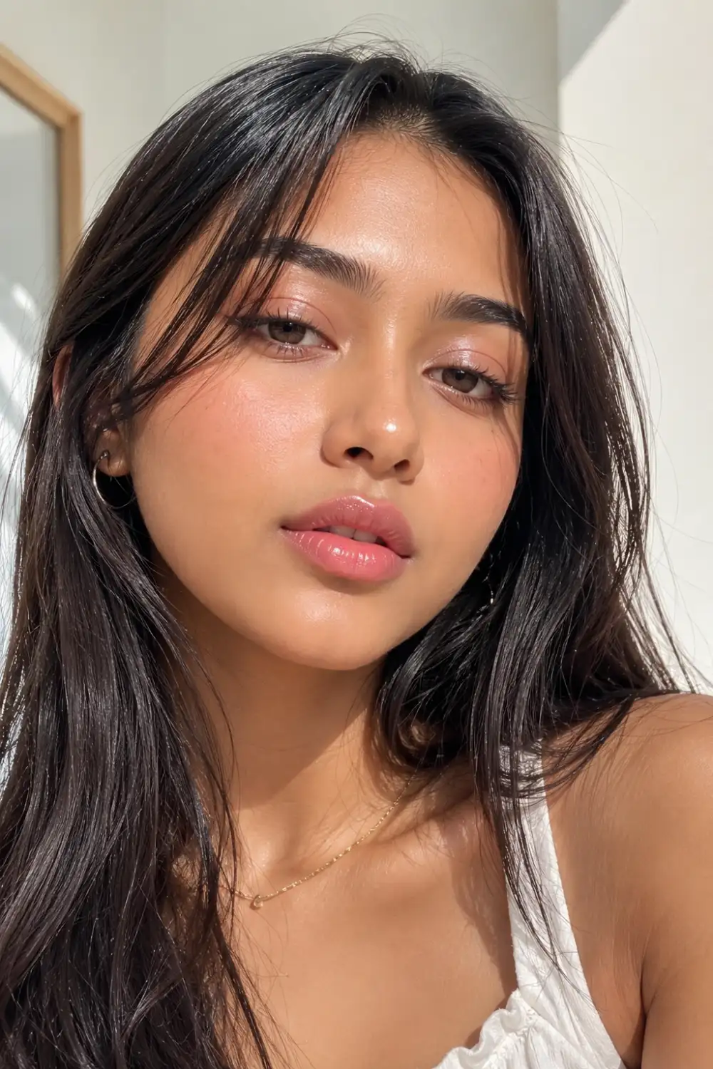 South Asian woman wearing Korean inspired dewy makeup with glass skin glow glossy pink lips soft blush wispy hair and natural fresh beauty look in bright daylight