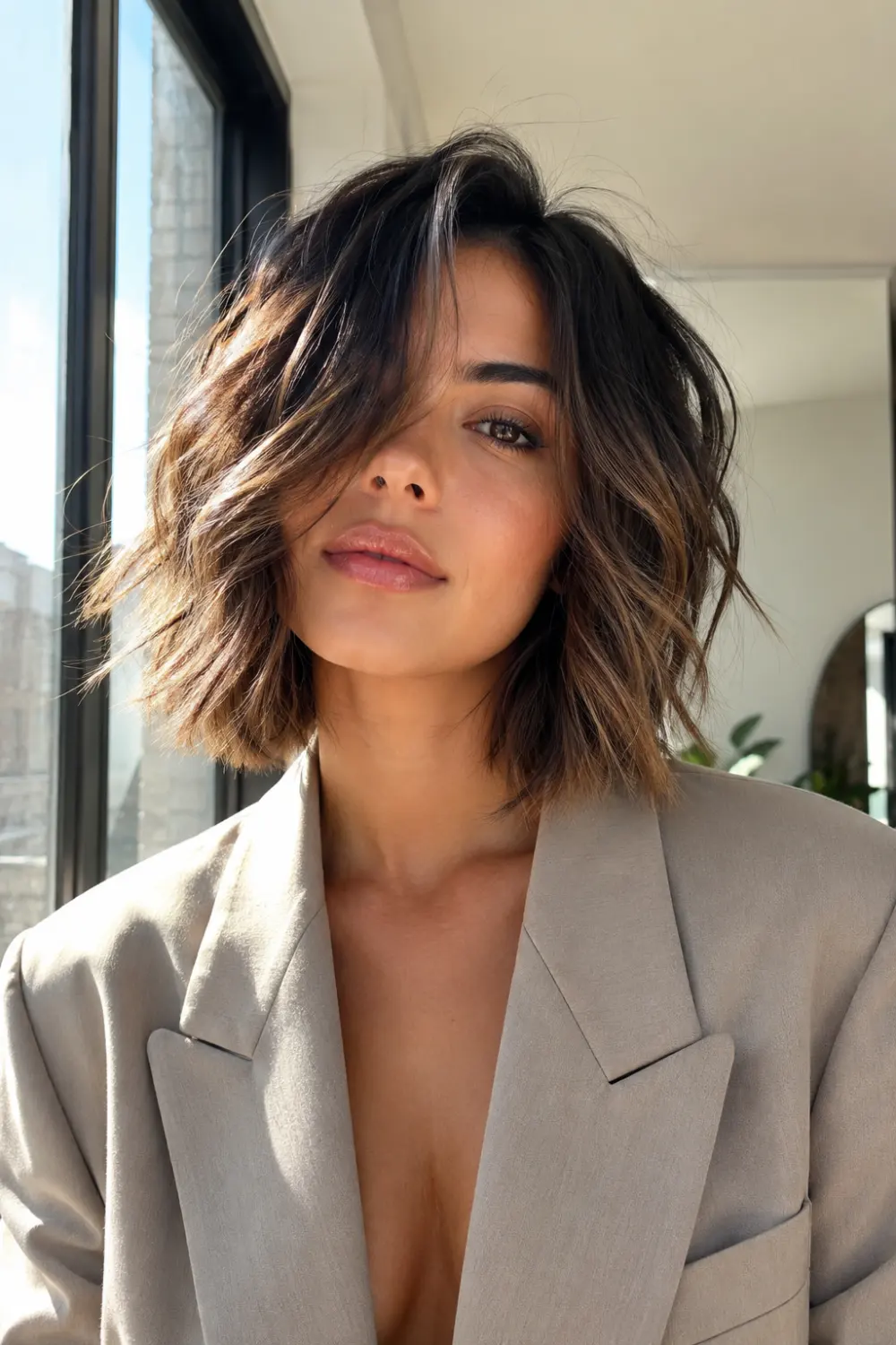 Modern choppy wavy bob hairstyle with textured layers, tousled brunette waves, soft movement, and lightweight voluminous short hair for trendy 2026 styling.
