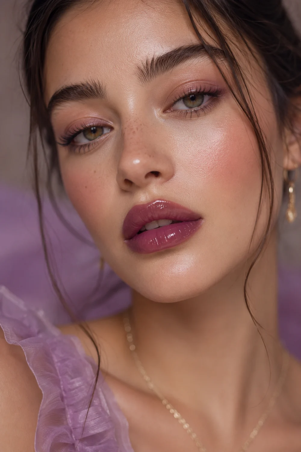 Soft feminine beauty portrait featuring rose plum gloss lips with subtle shine, glowing radiant skin, rosy blush, soft pink eye makeup, delicate freckles, and romantic clean girl beauty aesthetics. Elegant glossy plum lip trend with dreamy pastel tones and natural feminine glam vibes for 2026.