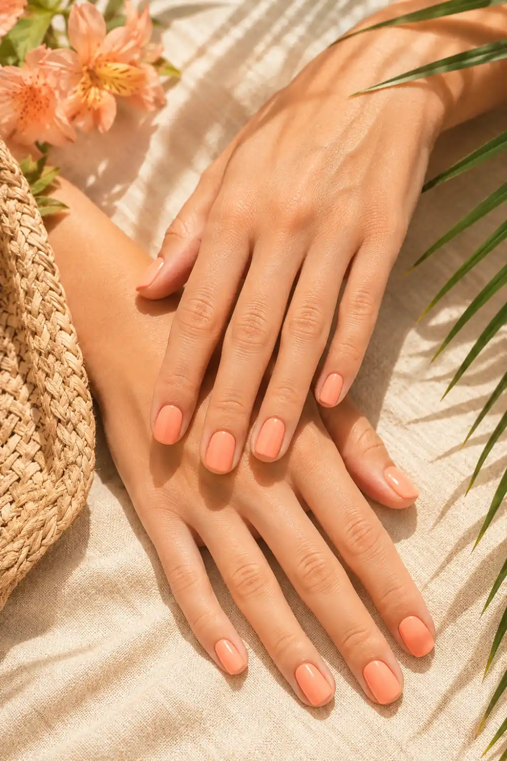 Peach coral short nails with glossy summer manicure styling, tropical beauty aesthetic, warm sunlight, and elegant feminine hand photography.