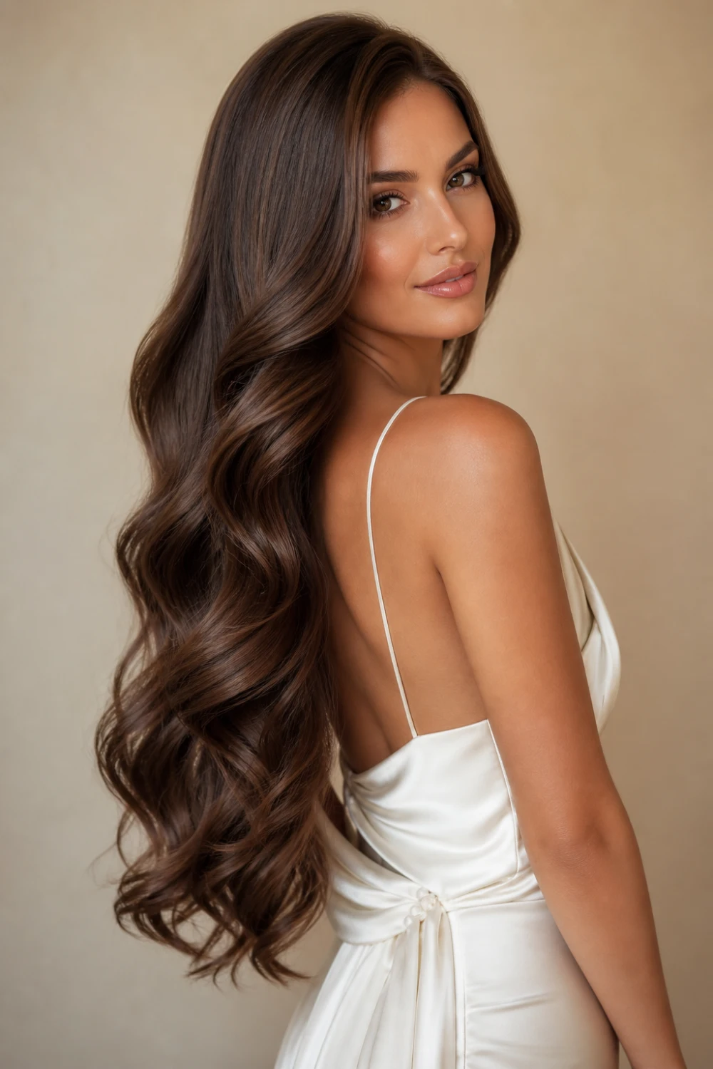 long flowing loose waves hairstyle, silky long wavy hair look, smooth cascading waves, elegant long hair waves, glossy brown waves hairstyle, luxury feminine hair trend