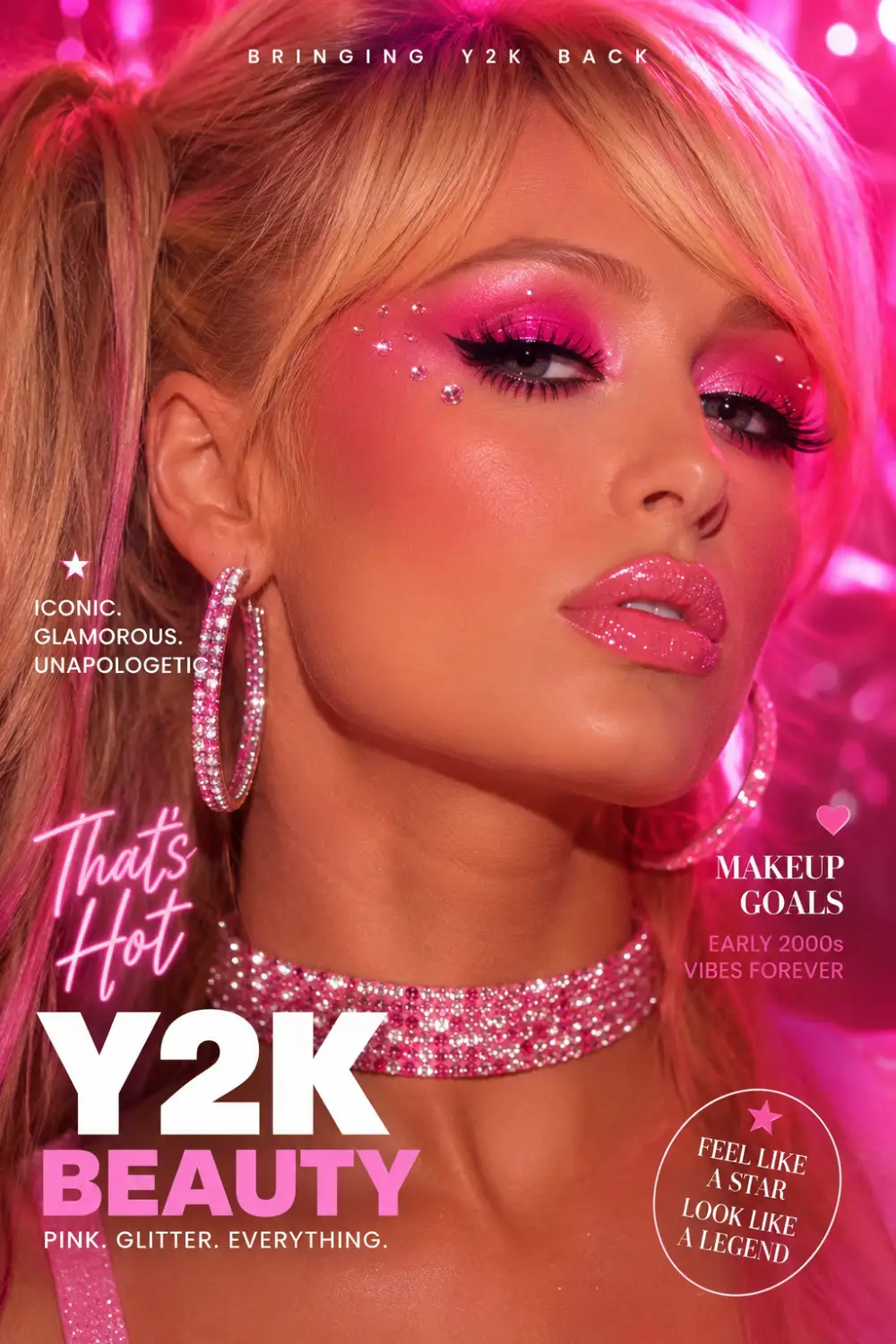 Hot pink popstar Y2K makeup featuring vibrant pink eyeshadow, glossy glitter lips, rhinestone accents, glowing skin, sparkling jewelry, and iconic early-2000s glam aesthetics.