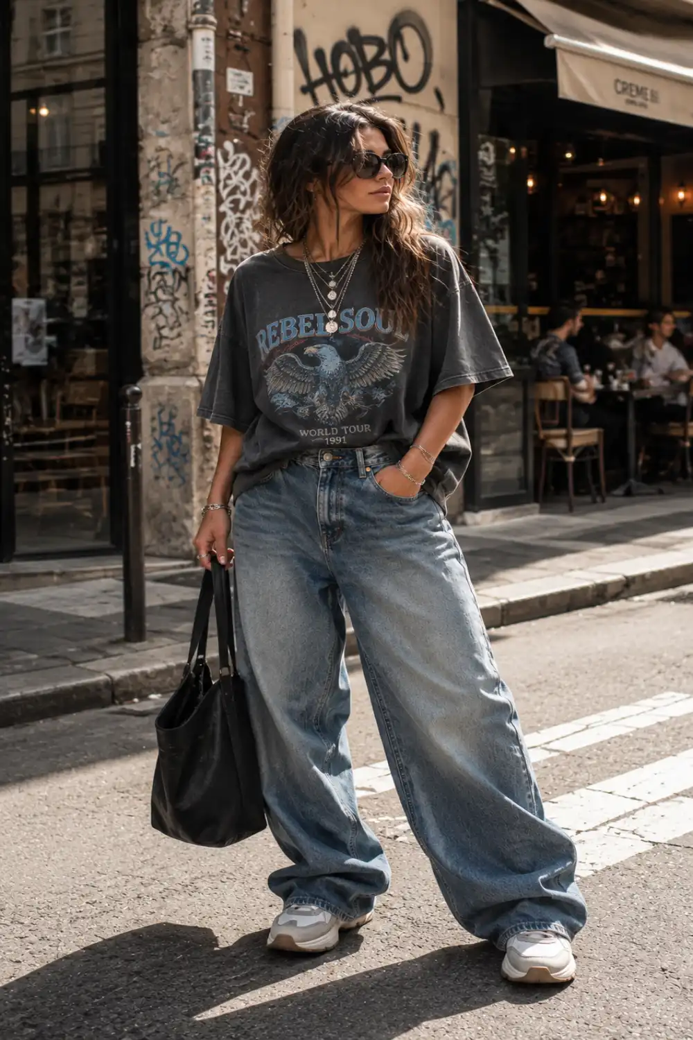 Cool girl wearing an oversized vintage graphic tee with relaxed baggy denim jeans, chunky sneakers, layered silver jewelry, and sunglasses on an urban graffiti-style city street.