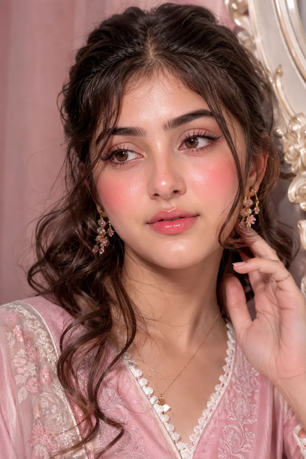 Soft rosy princess makeup look with flushed pink blush cheeks, glossy lips, curled hairstyle, sparkling earrings, pastel pink outfit, and dreamy feminine beauty aesthetic.