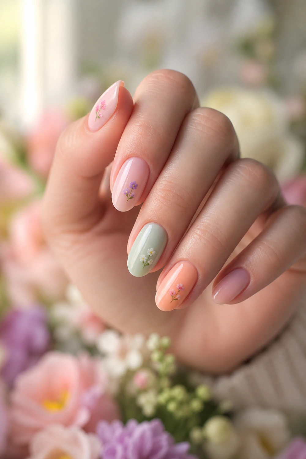 pastel nails in peach lilac and sage with tiny floral accents, micro flower nail art, glossy finish, soft feminine manicure close up