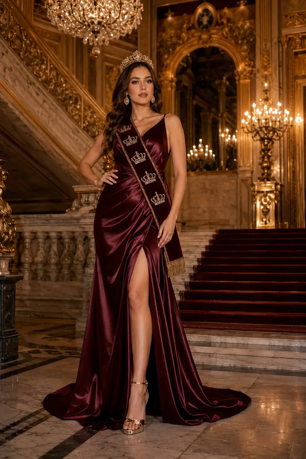 Royal velvet crown sash with burgundy satin gown diamond tiara and luxurious palace interior featuring chandeliers and marble staircases