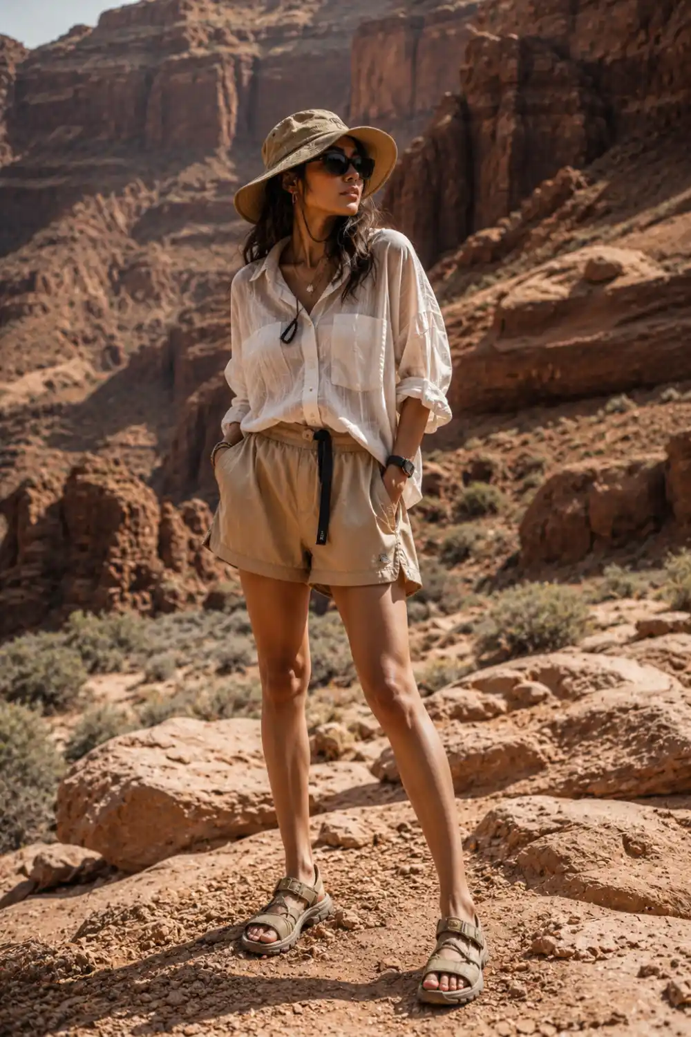Woman wearing a desert hiking outfit with tan shorts, oversized button-up shirt, hiking sandals, sunglasses, and sun hat while standing in a rocky desert canyon under warm sunlight.