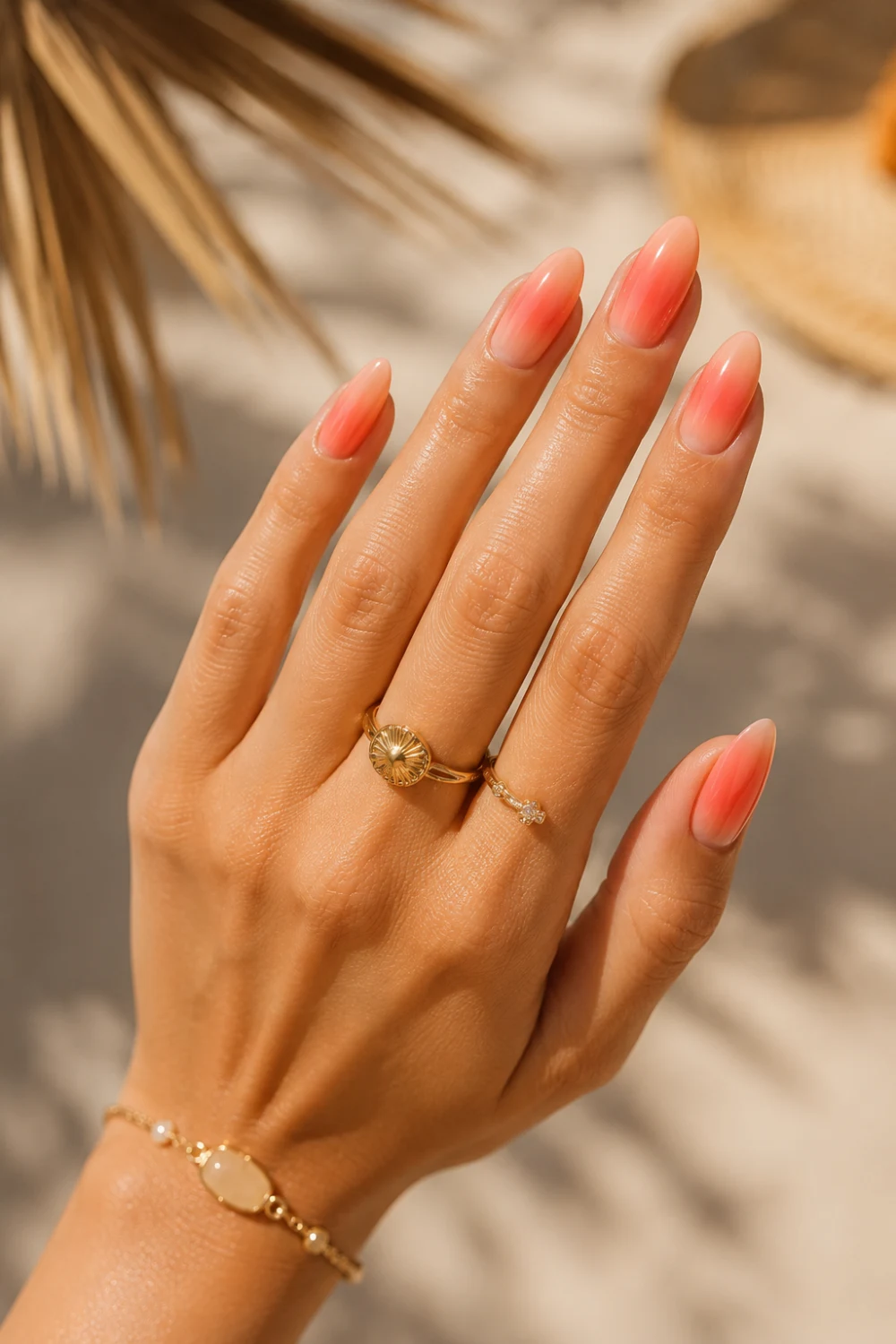 Peachy coral ombre nails with glossy nude and coral gradient on almond-shaped nails, featuring beach-inspired summer manicure styling and luxury beauty aesthetics for 2026.