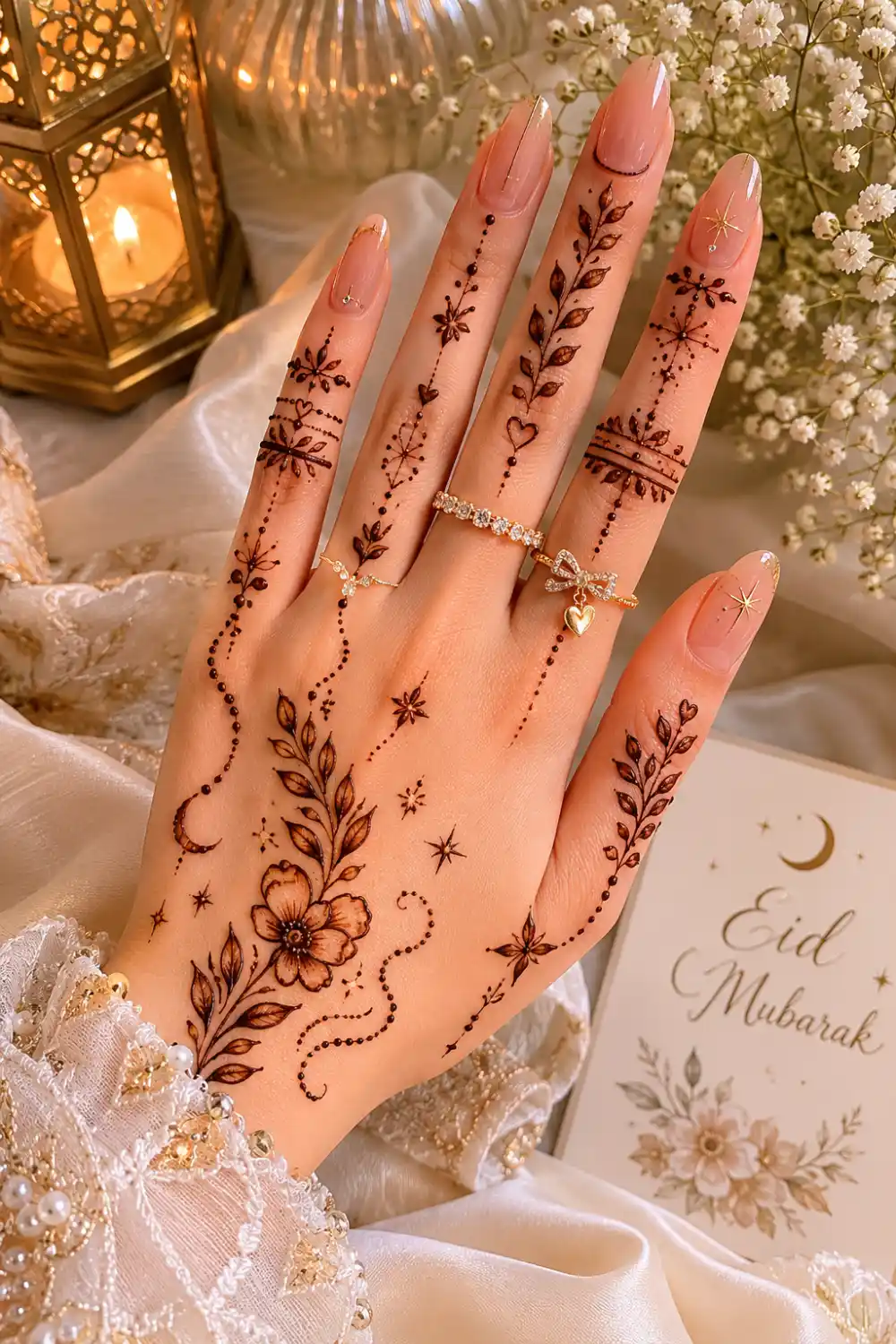 Trendy leafy finger mehndi design for Eid ul Adha 2026 featuring floral henna details, dotted trails, nude nails, and modern Arabic festive styling.