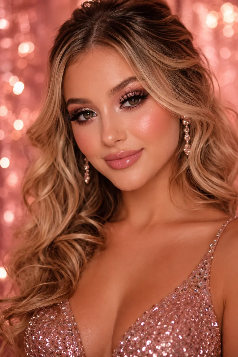 Rose gold prom makeup with shimmering pink eyeshadow, glossy nude lips, glowing skin, blonde curls, and luxurious feminine glam beauty look.