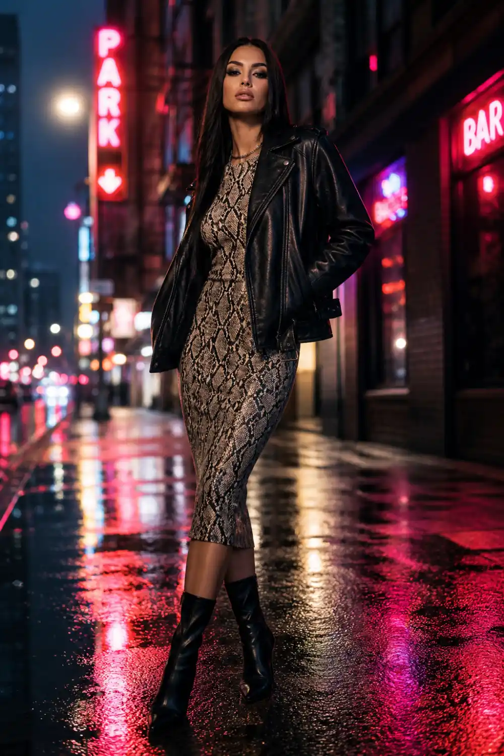 snake print bodycon dress with black leather jacket and boots, night city street style female model edgy outfit