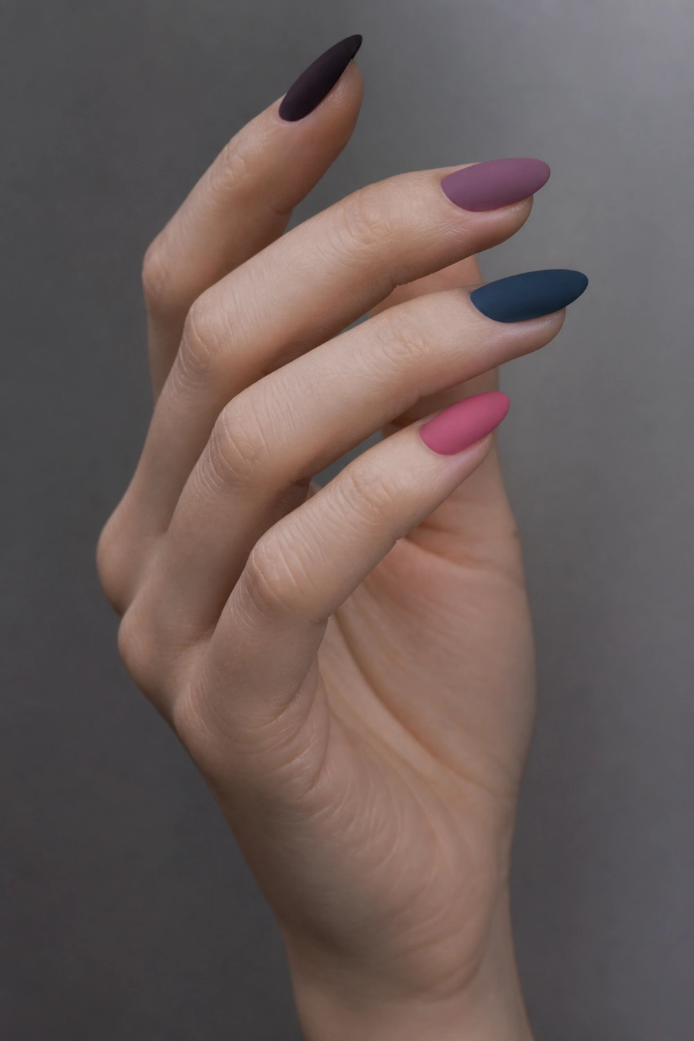 matte mixed berry nails pink purple blue matte finish almond nails soft velvet texture aesthetic manicure modern look