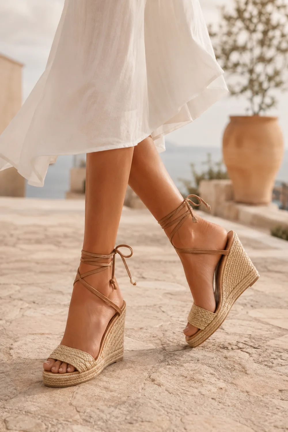 Lace-up espadrille wedge sandals with woven platform heels and delicate ankle ties styled in a Mediterranean-inspired setting for feminine Spring 2026 vacation fashion.