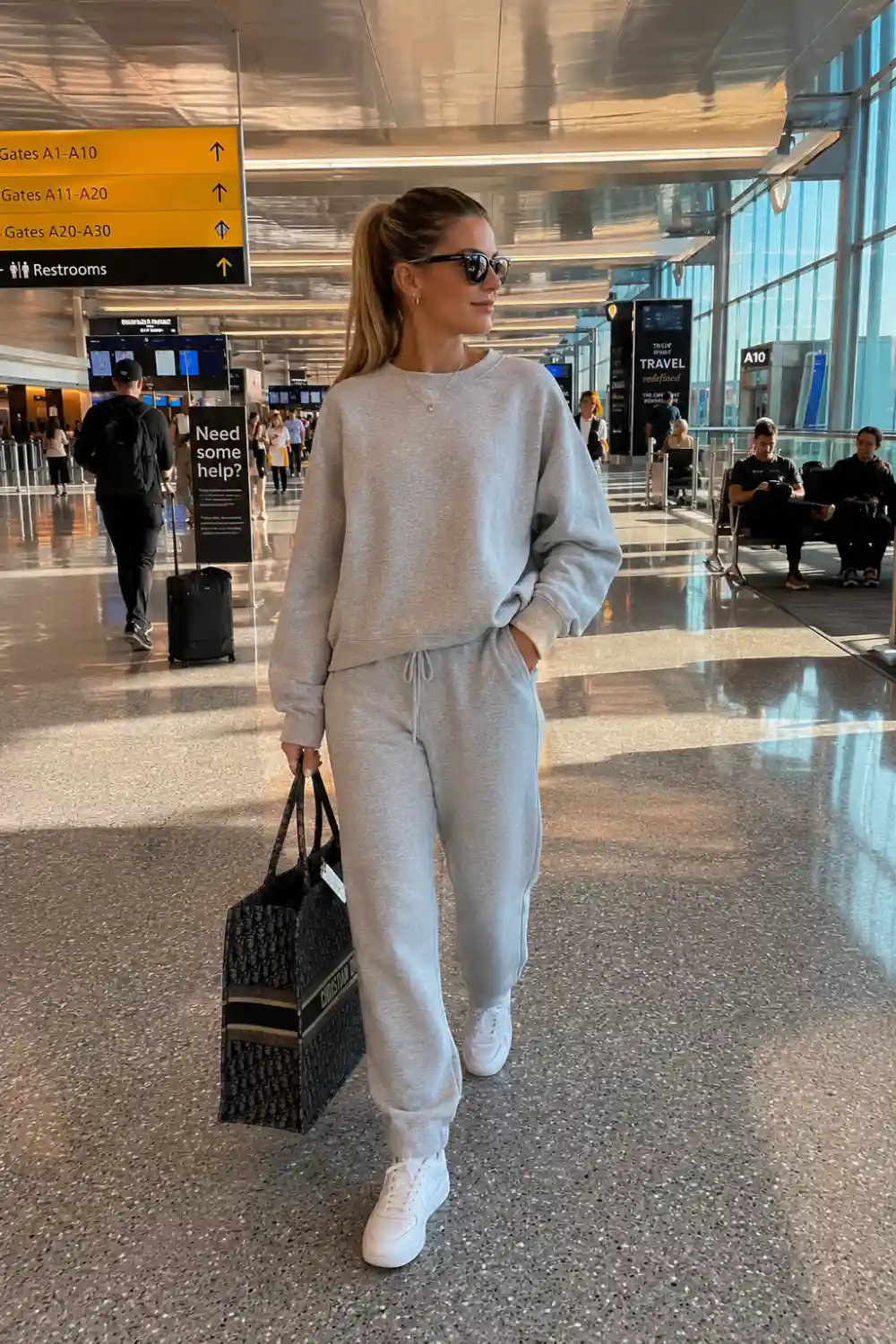 Woman wearing a soft gray matching sweat set with oversized sweatshirt, relaxed joggers, white sneakers, sunglasses, and a designer tote bag inside a modern busy airport terminal