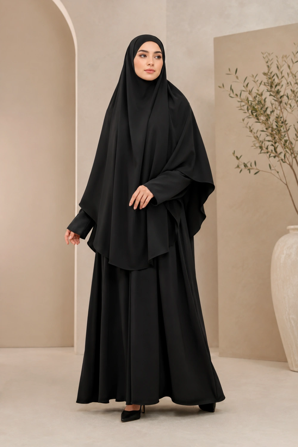 Muslim woman wearing minimal black jilbab abaya with matching hijab and flowing modest silhouette full body neutral indoor background