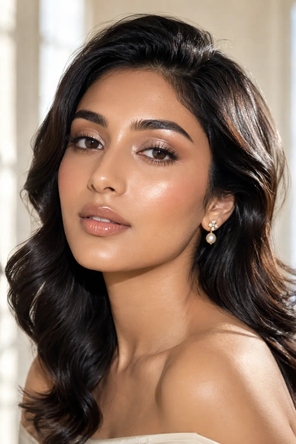 South Asian woman wearing pearl glow soft glam makeup with luminous radiant skin glossy nude lips pearl highlight soft shimmer eyes and elegant waves in daylight