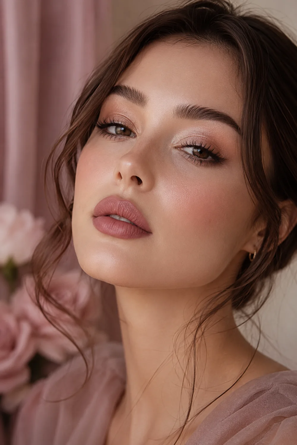 Ultra realistic beauty portrait featuring soft nude mauve plum lips with velvety matte texture, radiant skin, champagne eye makeup, soft blush, romantic feminine styling, and elegant clean beauty aesthetics. Luxury nude plum lipstick inspiration with modern soft glam makeup trends for 2026.