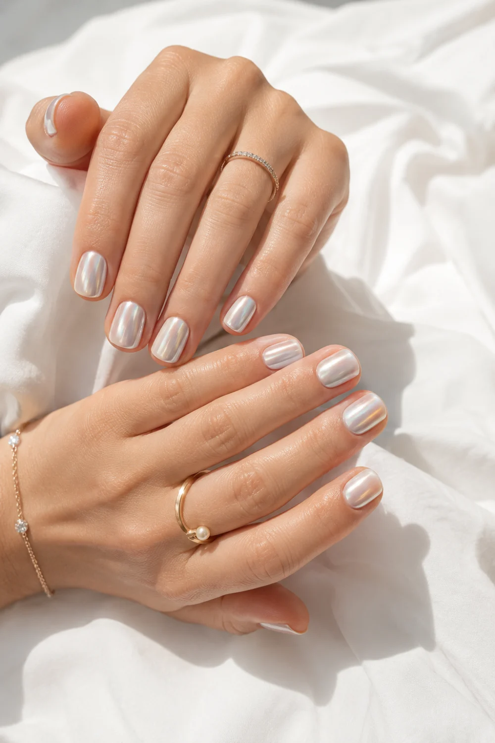 Chrome glazed short nails with pearl reflective shine, luxury minimalist manicure styling, soft white background, and modern clean girl beauty aesthetic.