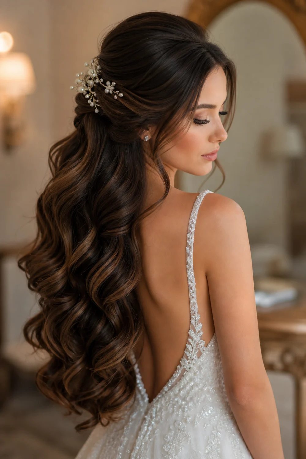 half up loose waves hairstyle, voluminous crown waves, romantic half up half down hair, soft bridal waves hairstyle, elegant wavy hair look, pinterest trending hairstyles