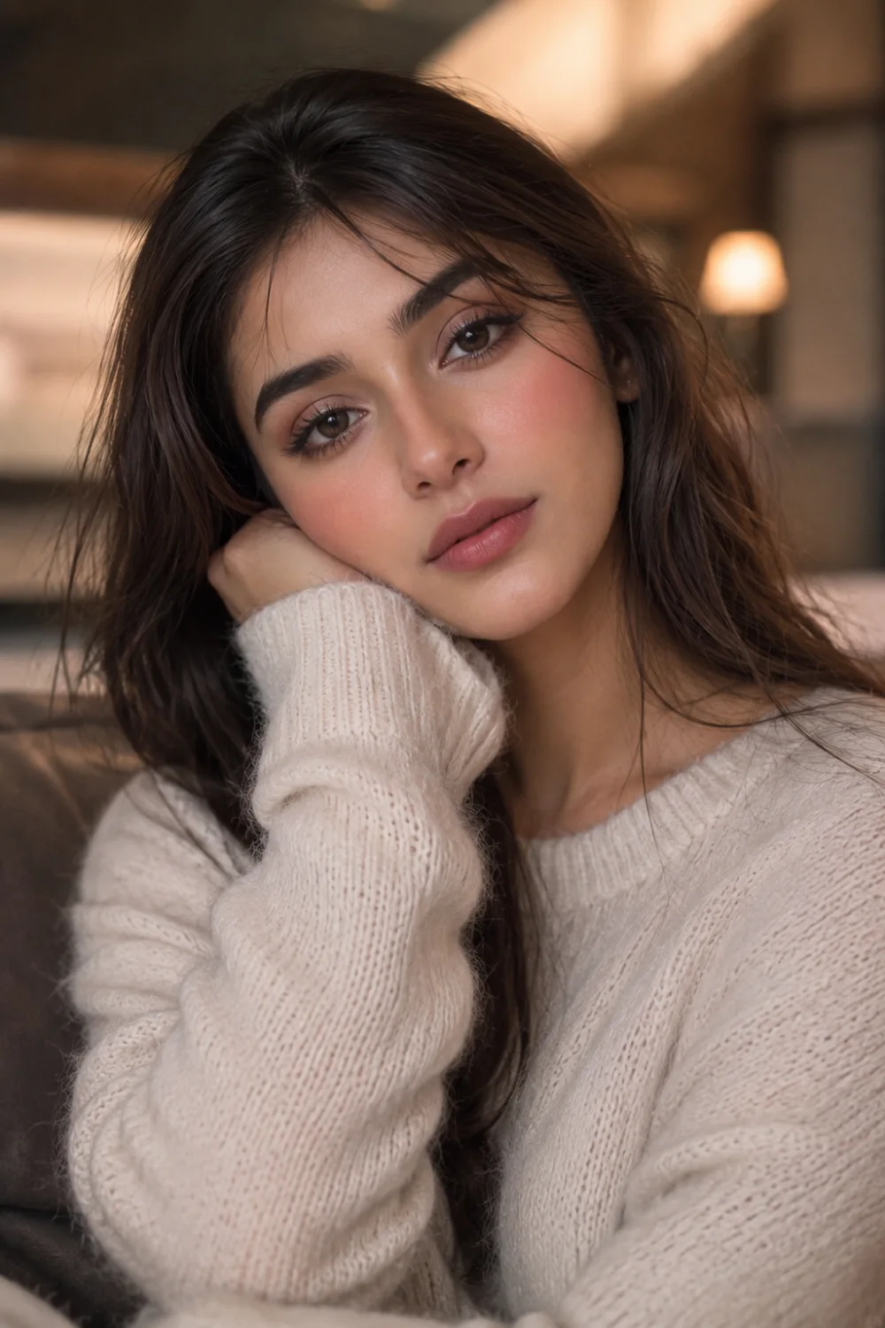 Cozy soft flush makeup look with rosy blush cheeks, glowing skin, nude matte lips, oversized cream sweater, soft waves hairstyle, and minimal feminine beauty aesthetic.