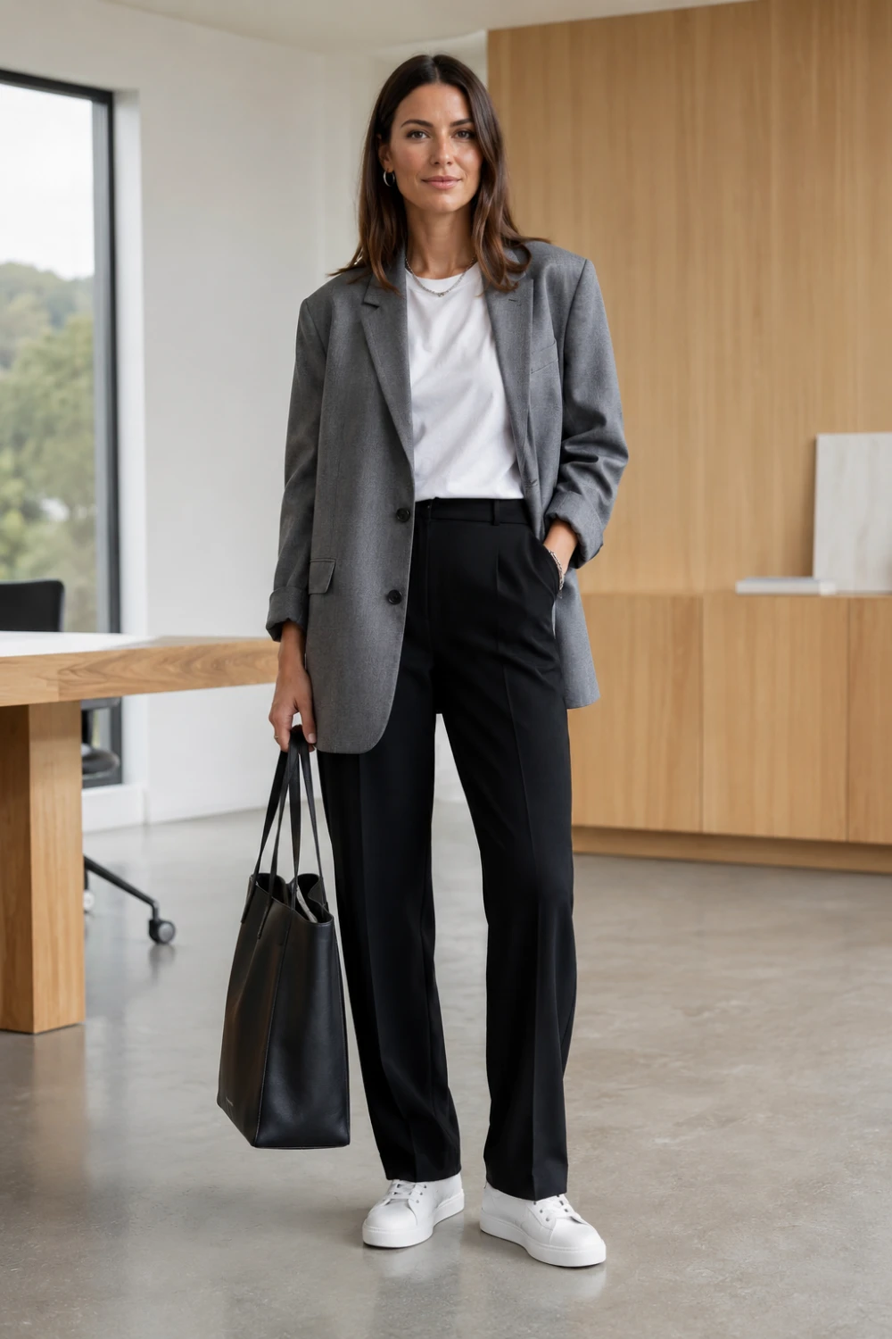 Minimal Scandinavian business casual outfit with gray oversized blazer, white tee, black tailored trousers, white sneakers, and modern minimalist office fashion styling.