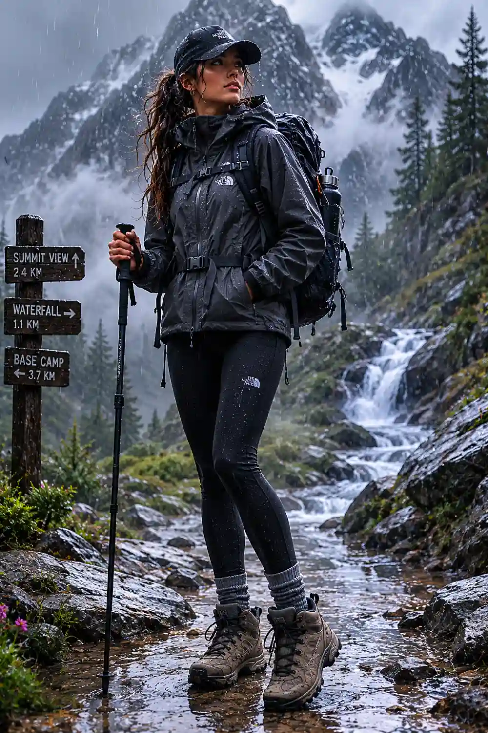 Woman wearing a rainy-day hiking outfit with waterproof black jacket, black leggings, hiking boots, backpack, and cap while standing on a wet mountain trail with waterfalls and misty scenery.