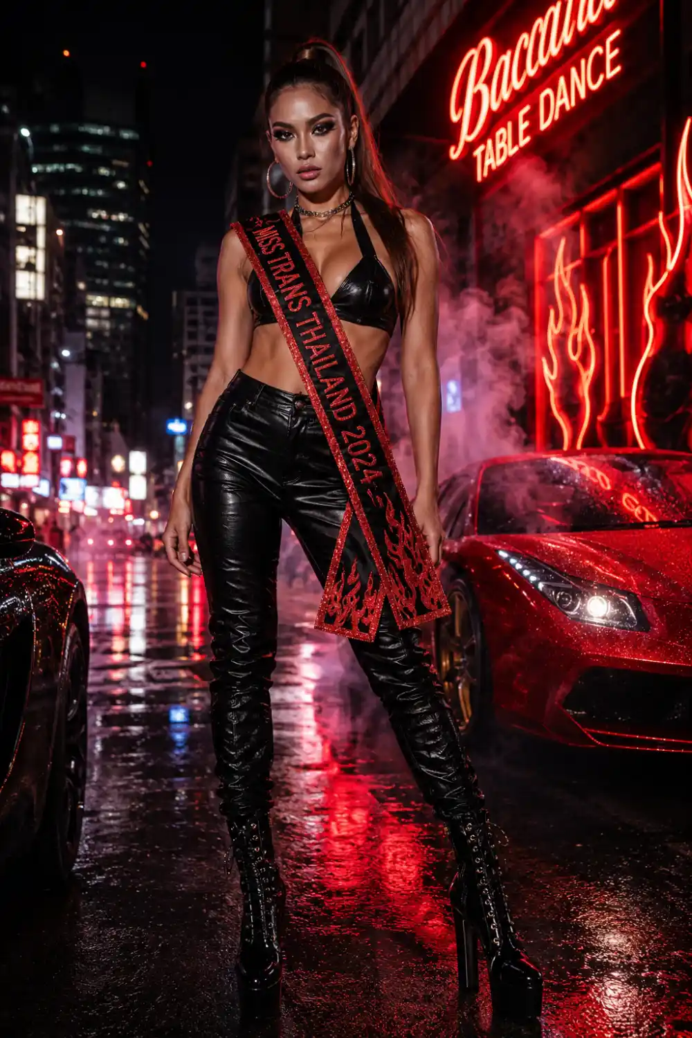 Edgy fire glam sash with black leather outfit platform boots neon city lights and luxury sports cars in a dramatic nightlife setting
