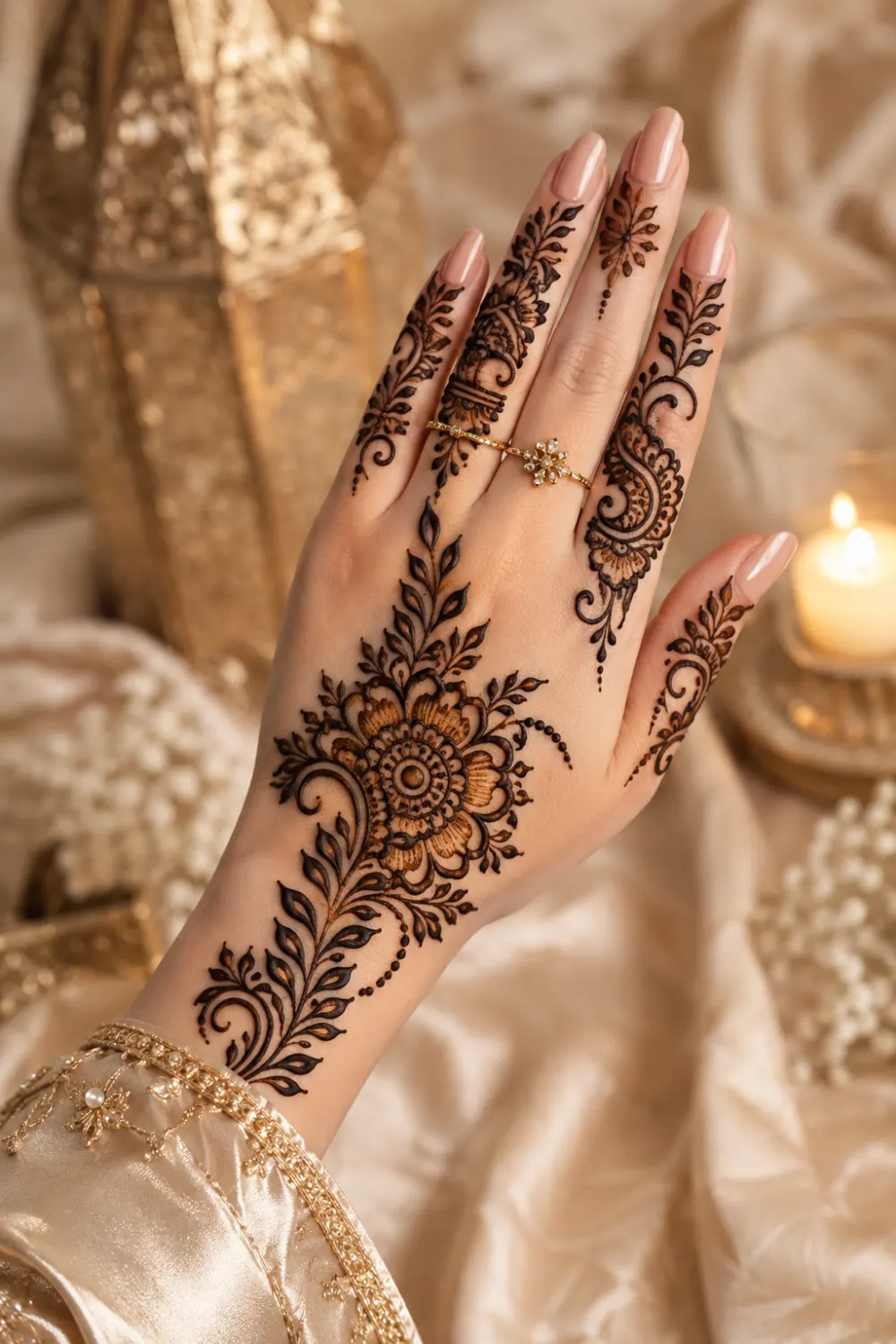 Elegant paisley floral mehndi design for Eid ul Adha 2026 featuring detailed Arabic henna patterns, leafy vines, nude nails, and luxury festive hand styling.