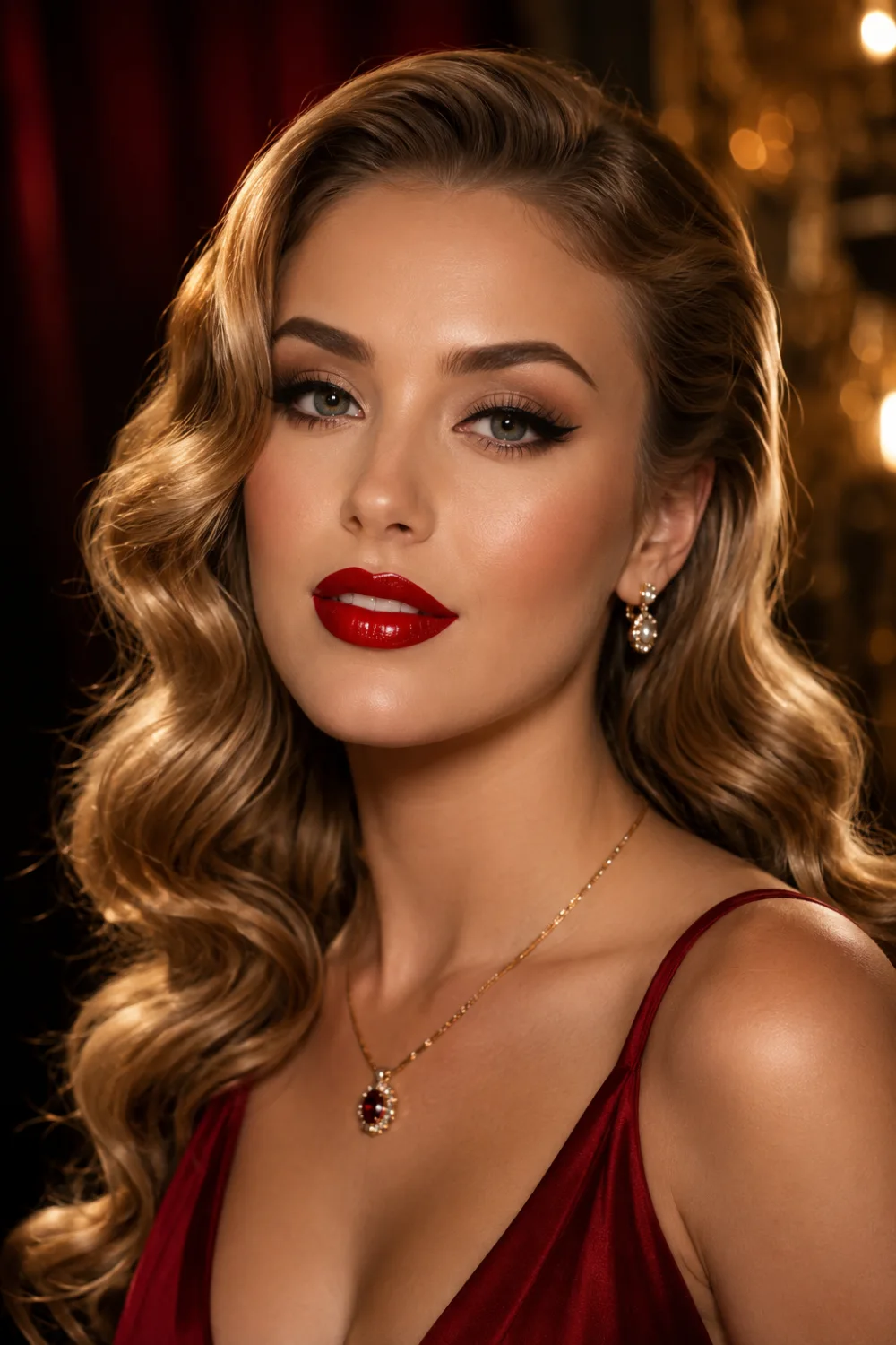 Classic red lip prom makeup with glowing skin, winged eyeliner, vintage curls, bold red lipstick, and elegant Hollywood glam beauty aesthetic.