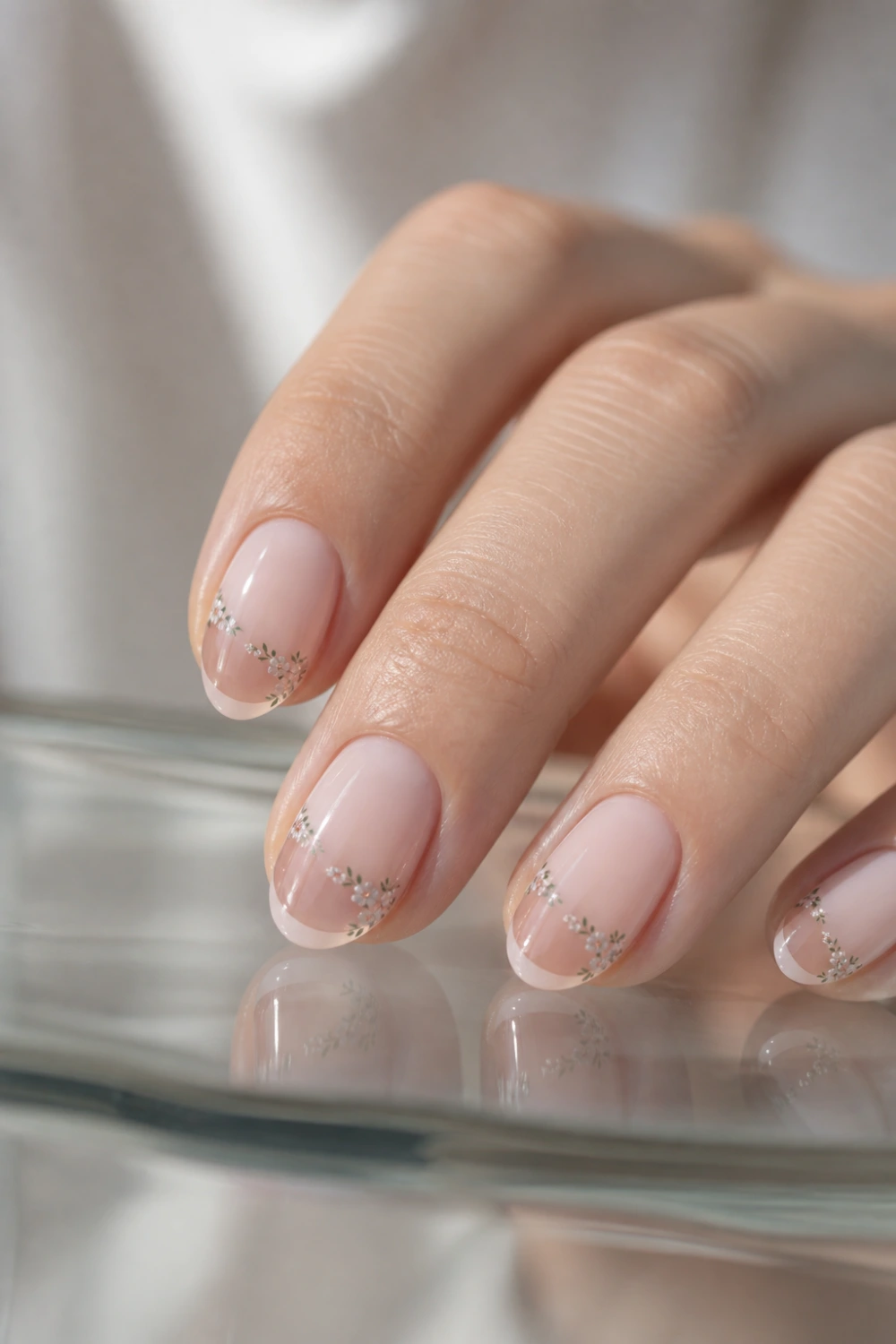 nude nails with micro floral french tips, tiny flowers along edges, glossy short manicure, elegant minimal nail design close up