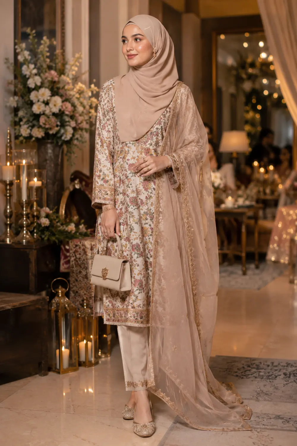 Elegant hijabi woman wearing a soft floral printed kurta with tailored trousers, embellished dupatta, neutral hijab, embellished flats, and a classy handbag at a beautifully decorated indoor celebration. The traditional modest outfit features pastel tones, feminine embroidery, and modern cultural fashion styling.