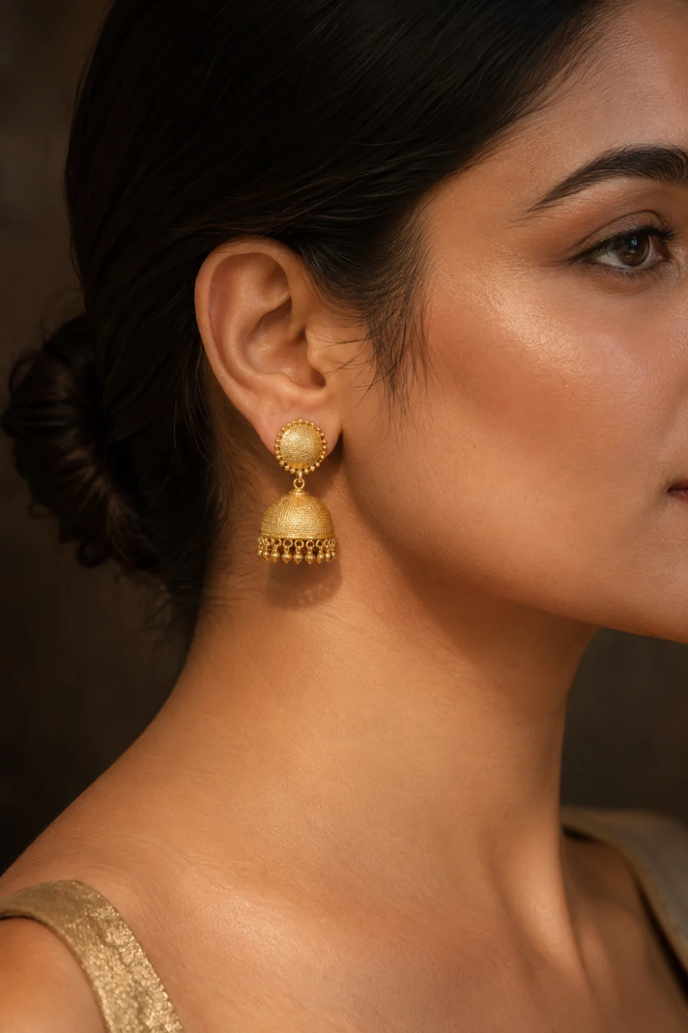 Textured matte gold jhumka earrings with handcrafted detailing, soft matte finish, minimalist luxury styling, and elegant contemporary ethnic fashion aesthetic