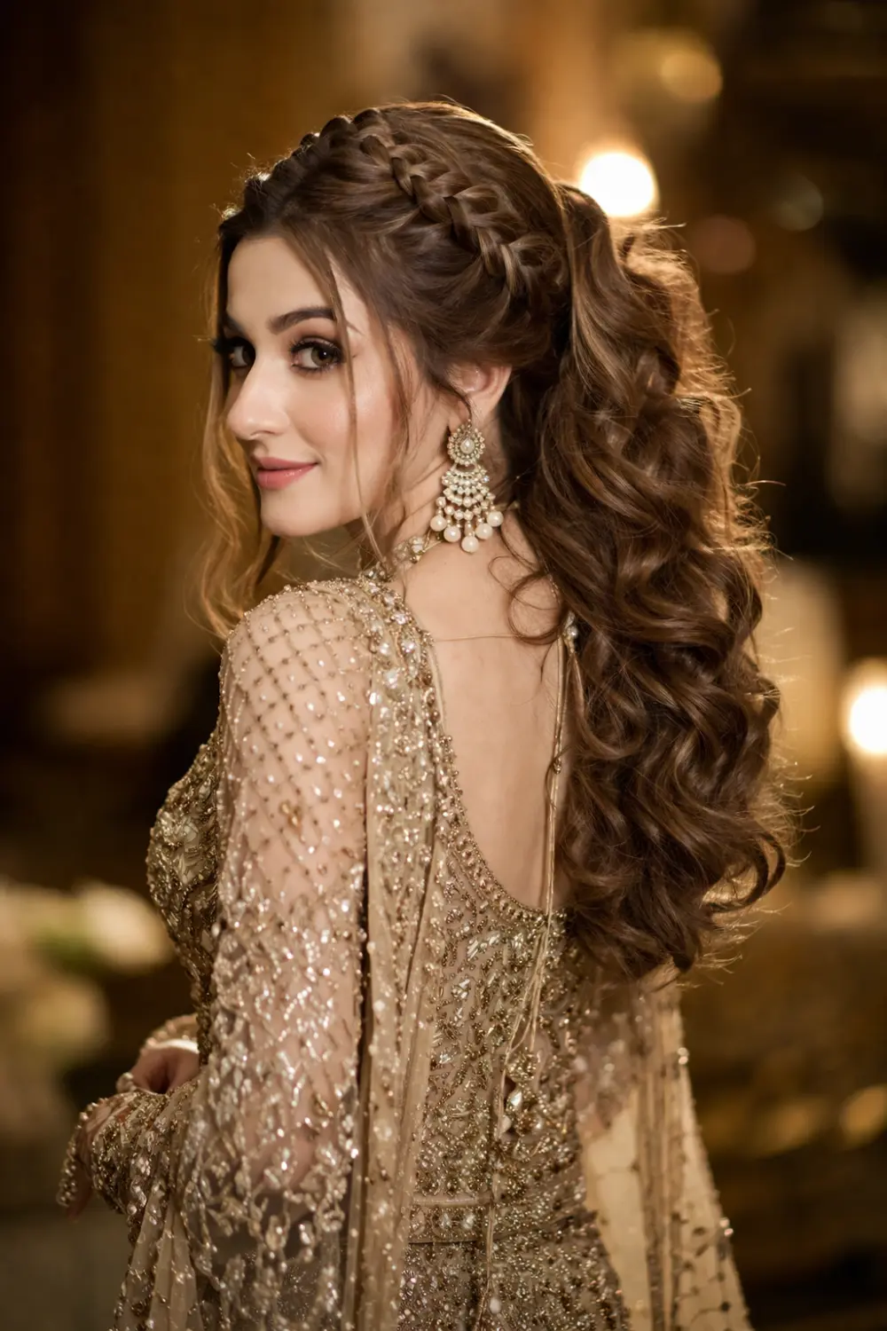 braided ponytail with curls soft voluminous curls braid top glamorous hairstyle wedding party look shiny textured hair