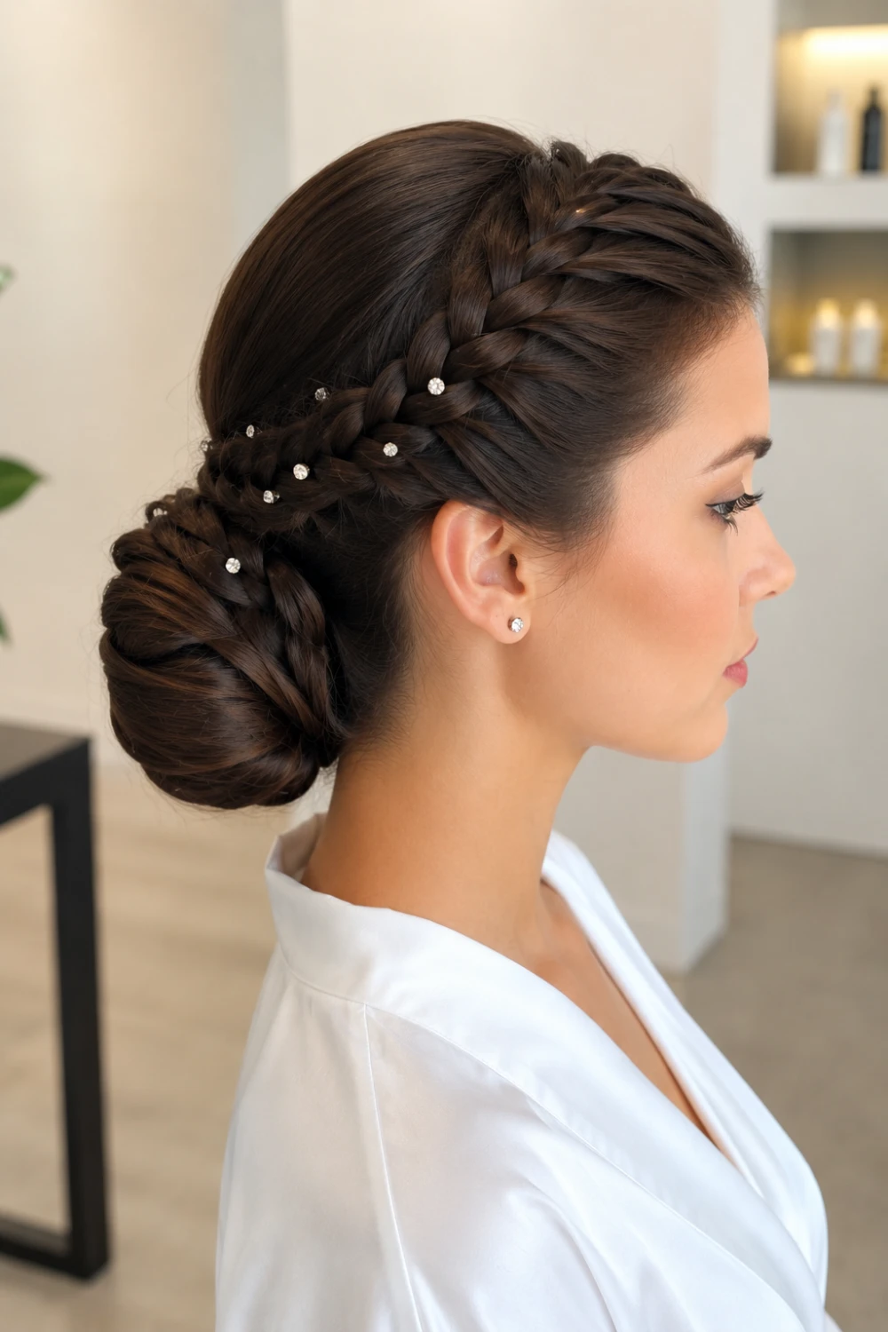 Crystal braided side bun updo hairstyle with sleek side braid, polished structured low bun, glossy brunette hair, and crystal accents for weddings.