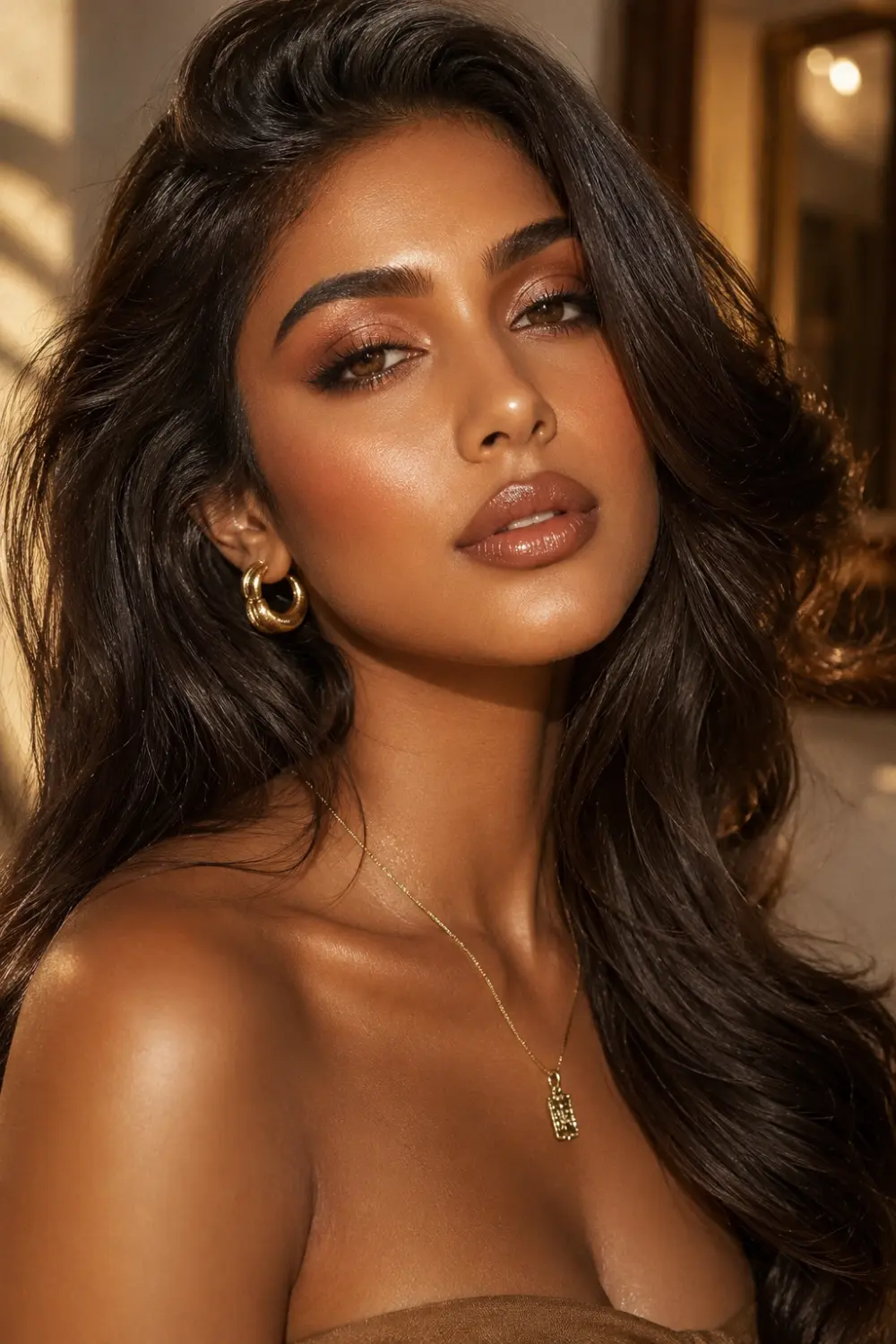 South Asian woman wearing honey bronze glam makeup with warm glowing skin caramel glossy lips bronze shimmer eyes voluminous waves and luxury golden beauty aesthetic