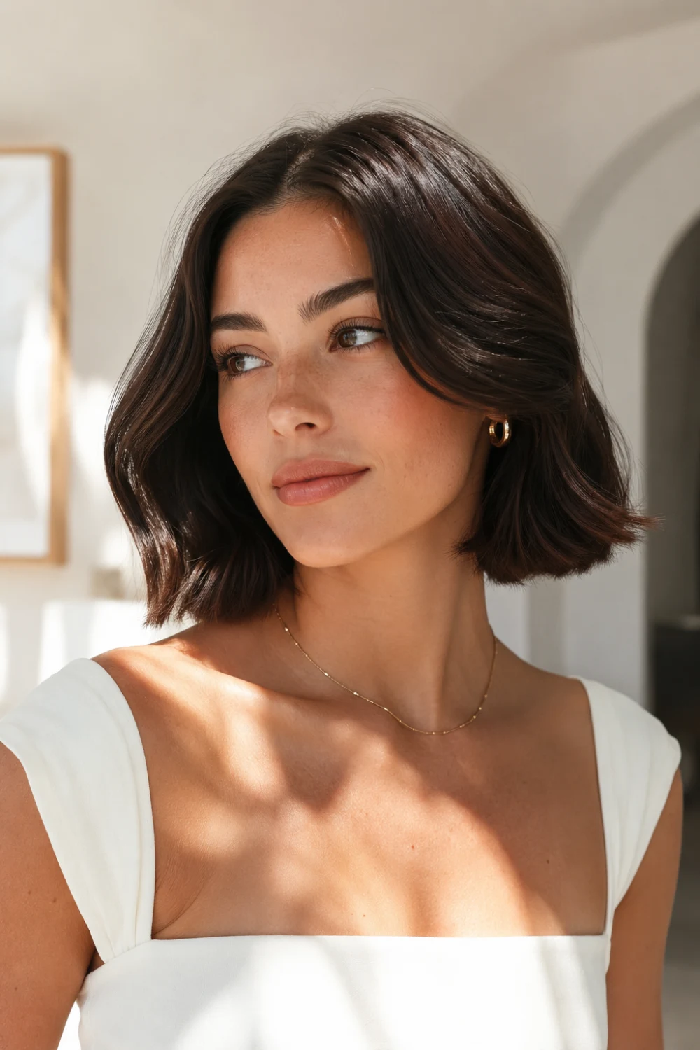 Sleek soft-wave bob hairstyle with glossy brunette hair, subtle waves, polished texture, and elegant lightweight volume for chic 2026 short hair trends.