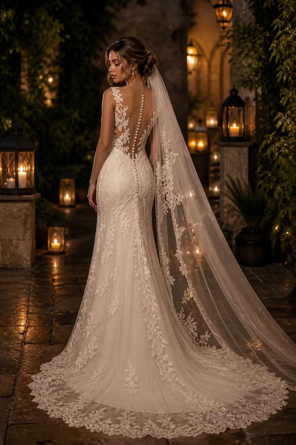 Elegant sheer illusion back wedding dress with delicate lace embroidery, pearl button details, flowing veil, fitted silhouette, and romantic bridal styling in a candlelit luxury garden courtyard.