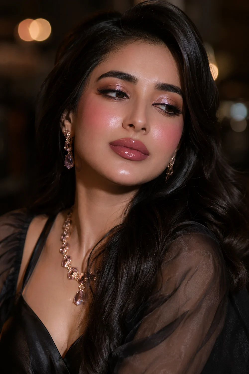 Glossy rosé glam makeup with luminous rosy blush cheeks, glossy mauve lips, shimmering eyeshadow, black satin outfit, sparkling jewelry, and luxury beauty aesthetic.