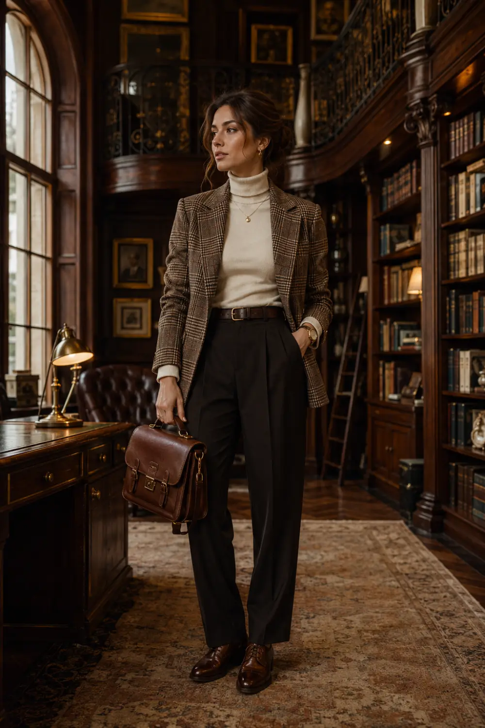 Rich academia business casual outfit with plaid blazer, cream turtleneck, dark trousers, oxford shoes, leather satchel bag, and vintage luxury office fashion styling.