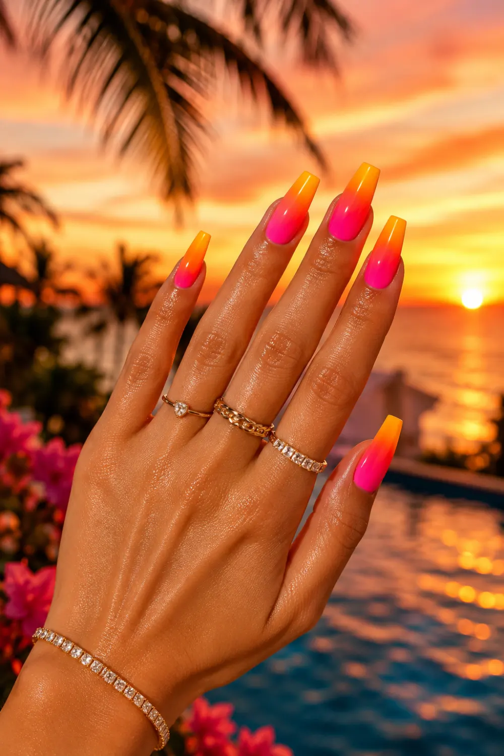 Neon sunset ombre nails with bright pink, orange, and yellow gradient on long coffin nails, featuring tropical beach sunset styling and bold summer manicure inspiration for 2026.