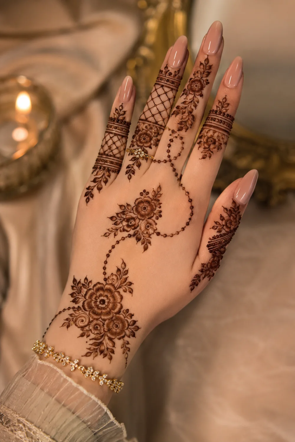 Floral chain mesh mehndi design for Eid ul Adha 2026 featuring net henna patterns, floral details, dotted chain accents, nude nails, and elegant festive styling.