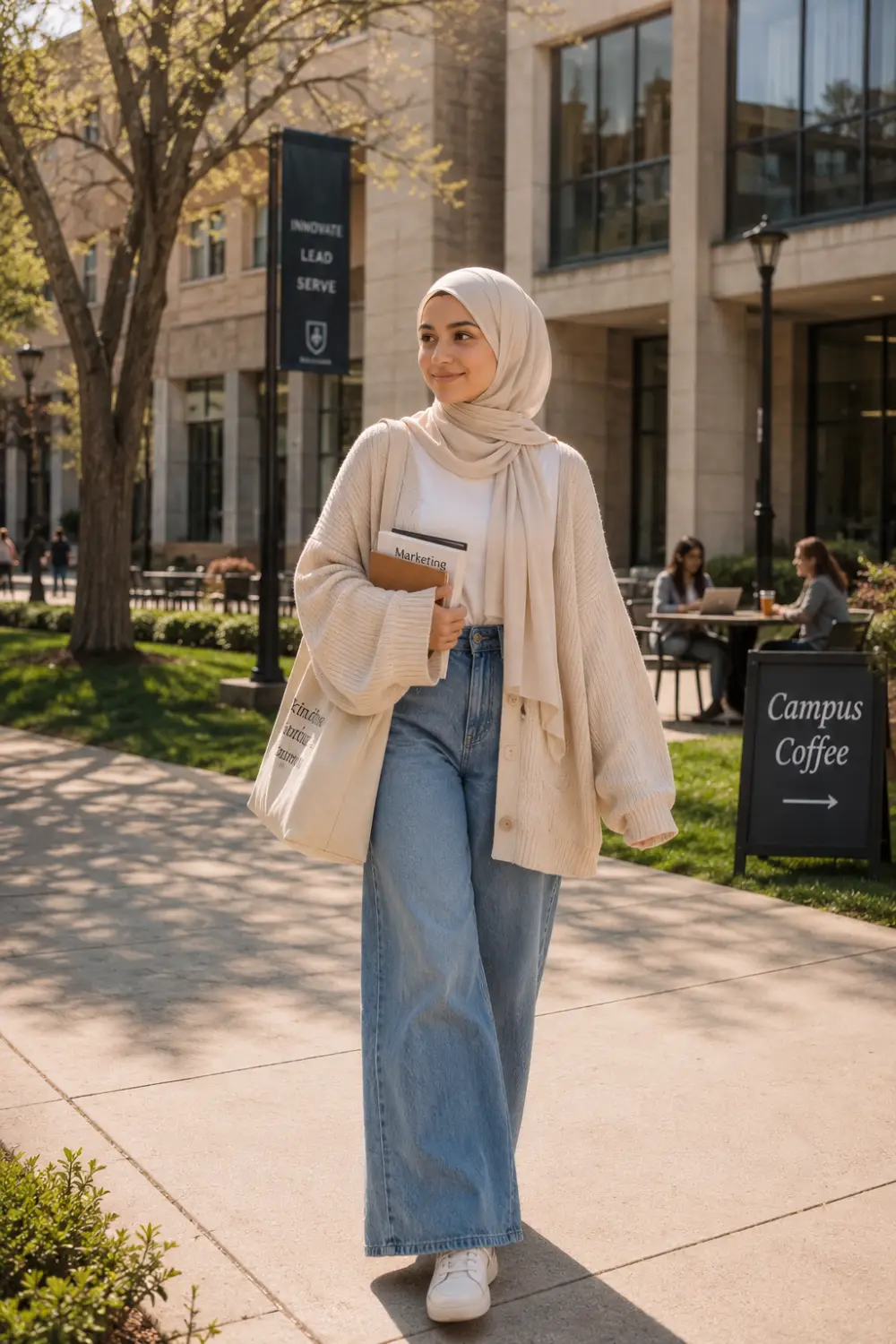 Young hijabi university student wearing wide-leg denim jeans, an oversized cream cardigan, white sneakers, neutral hijab, and carrying books and a tote bag while walking through a modern campus. The casual modest outfit features cozy layering, youthful fashion, and clean Pinterest-inspired university style.