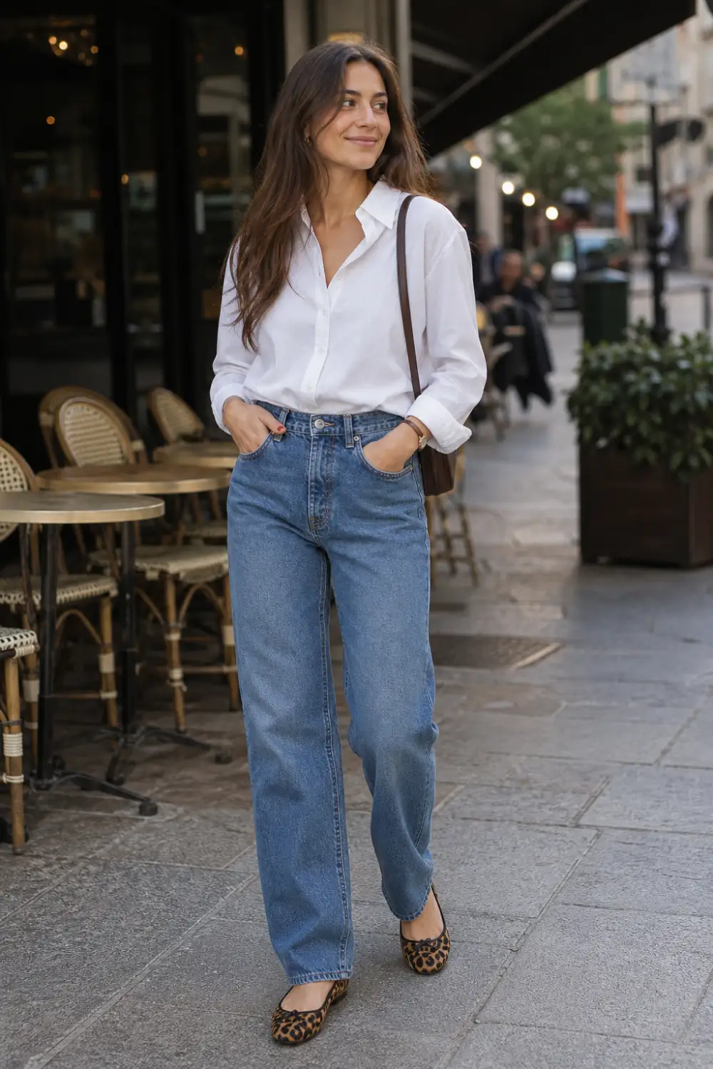 leopard print flats with blue jeans and white shirt, casual street style female model everyday outfit chic look