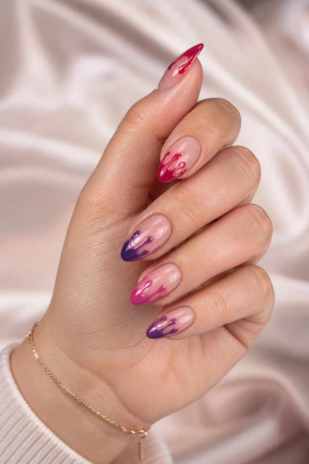 berry drip nails pink purple drip design glossy almond nails trendy aesthetic manicure liquid effect nail art close up