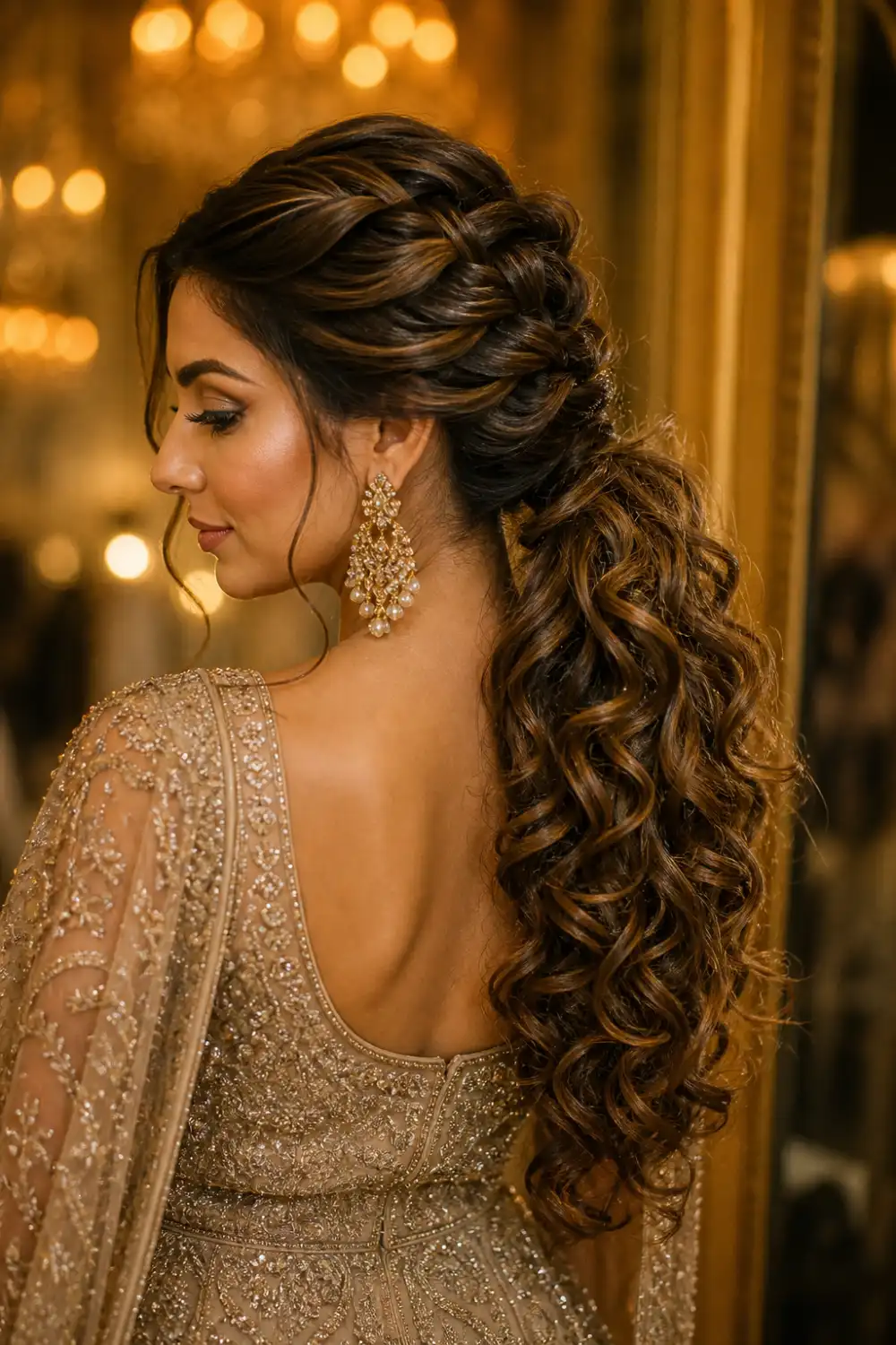 glam braided ponytail voluminous curls shiny hair elegant bridal hairstyle luxurious texture high fashion look