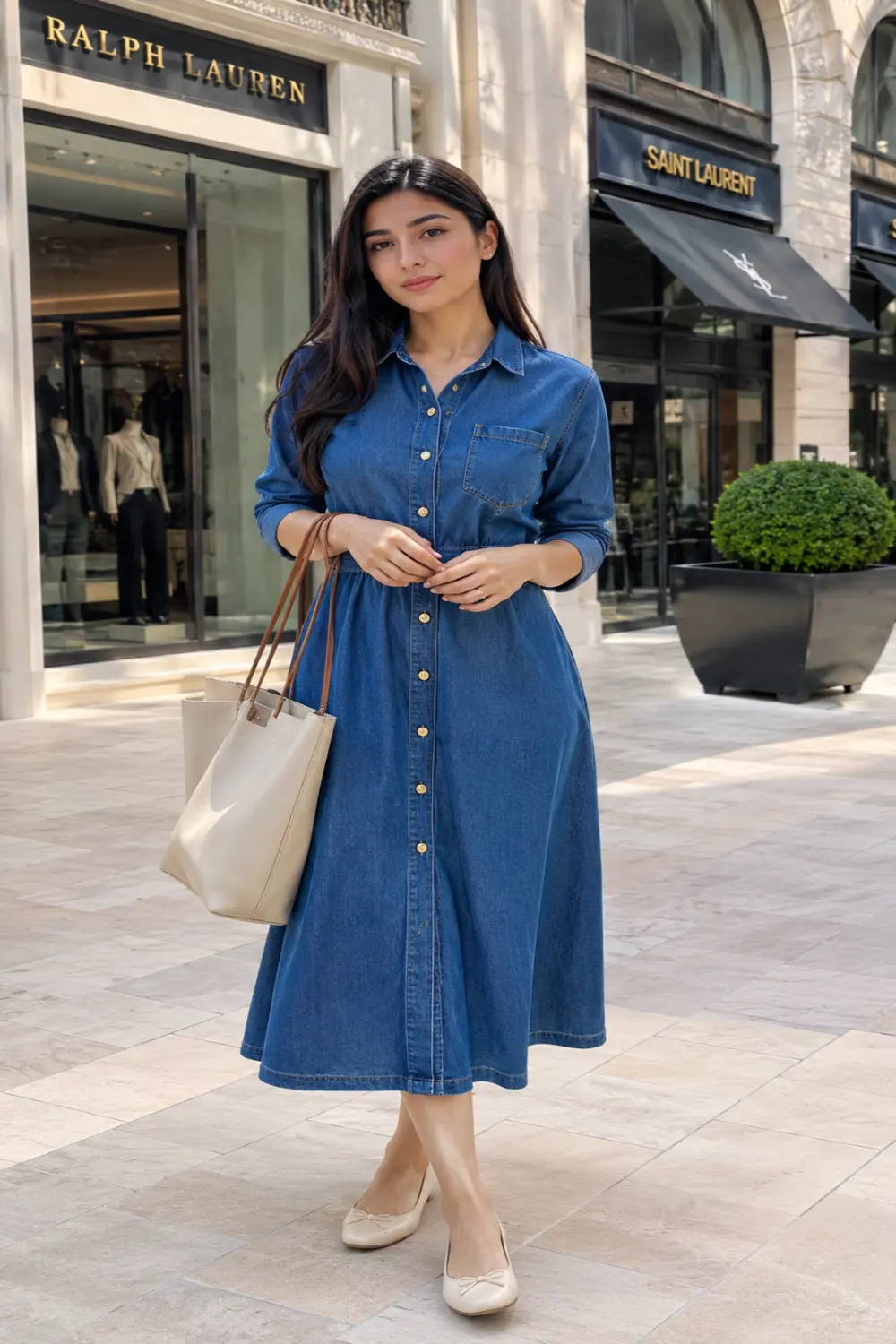 Woman wearing a button front denim midi dress with ballet flats and a neutral tote bag in a luxury shopping street setting.